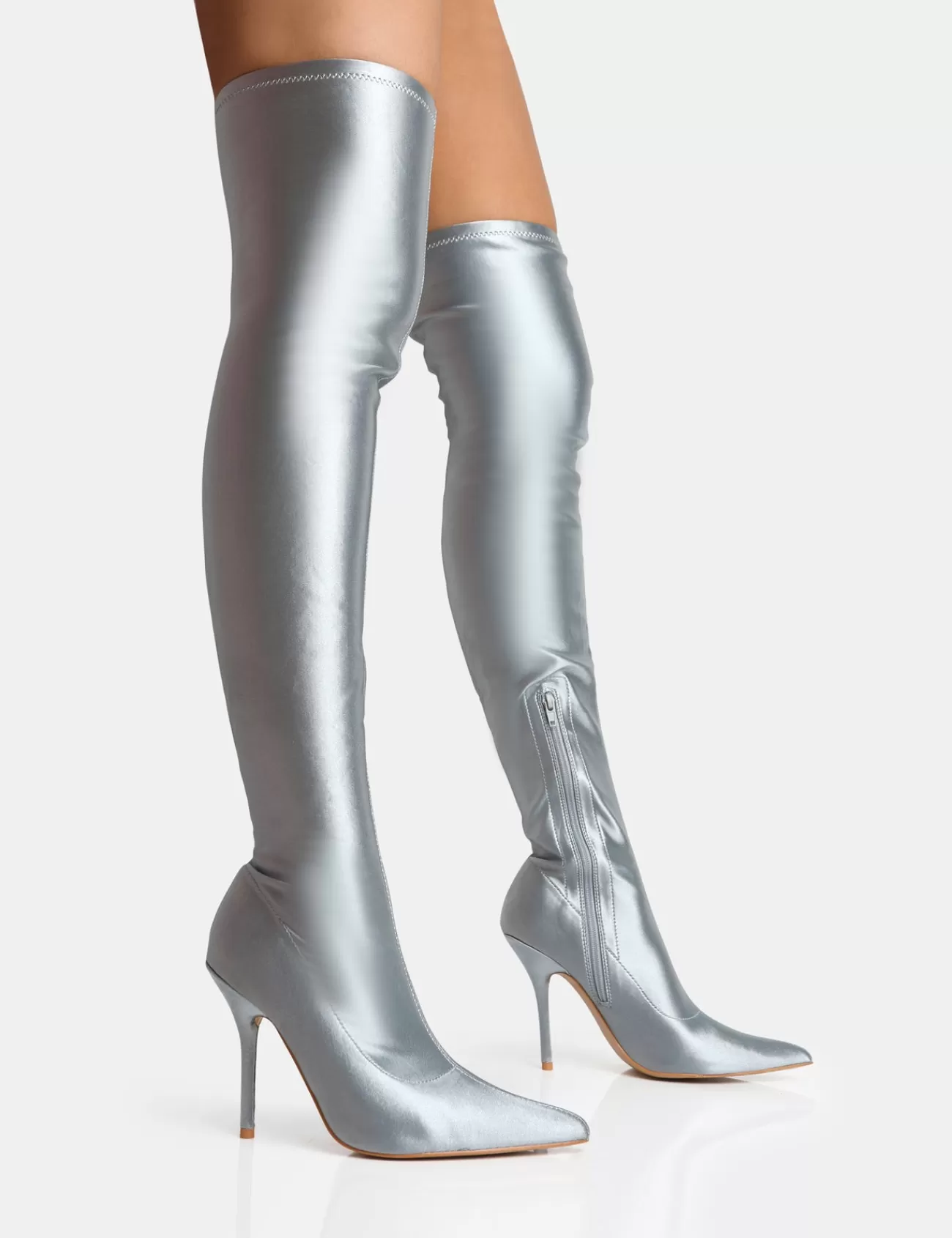 Public Desire Instinct Silver Lycra Pointed Toe Stiletto Thigh High Boots Sliver Store