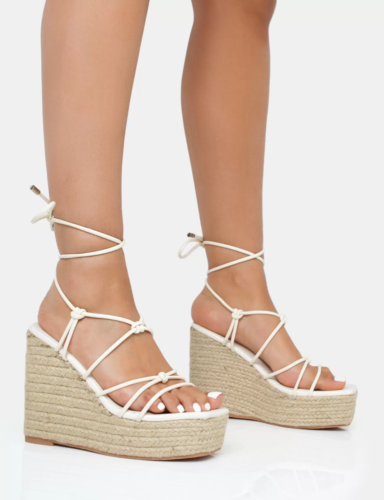 Public Desire Islander Lace Up Square Toe High Heeled Sandal Esparille Wedges Ecru Discount