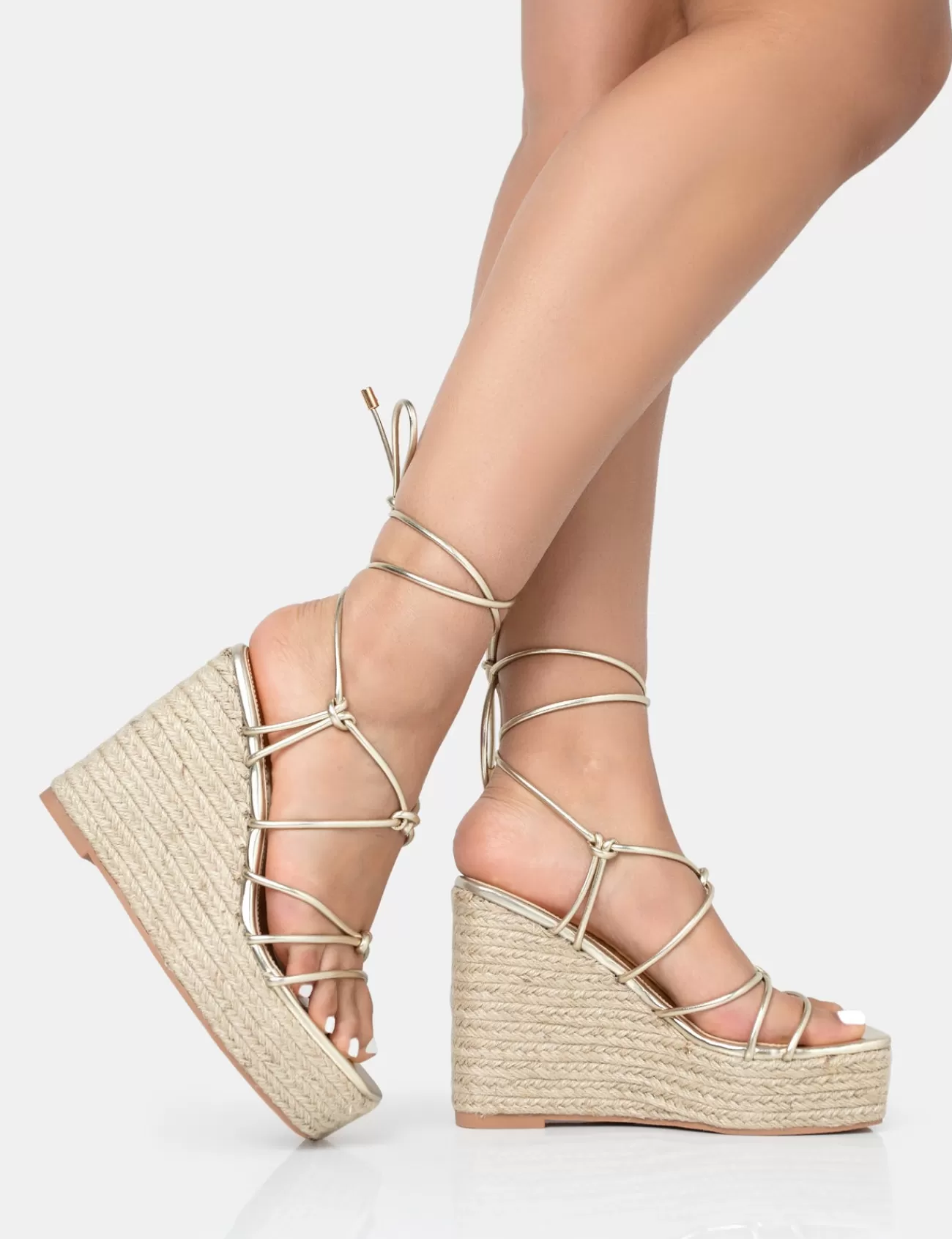 Public Desire Islander Lace Up Square Toe High Heeled Sandal Esparille Wedges Gold Online