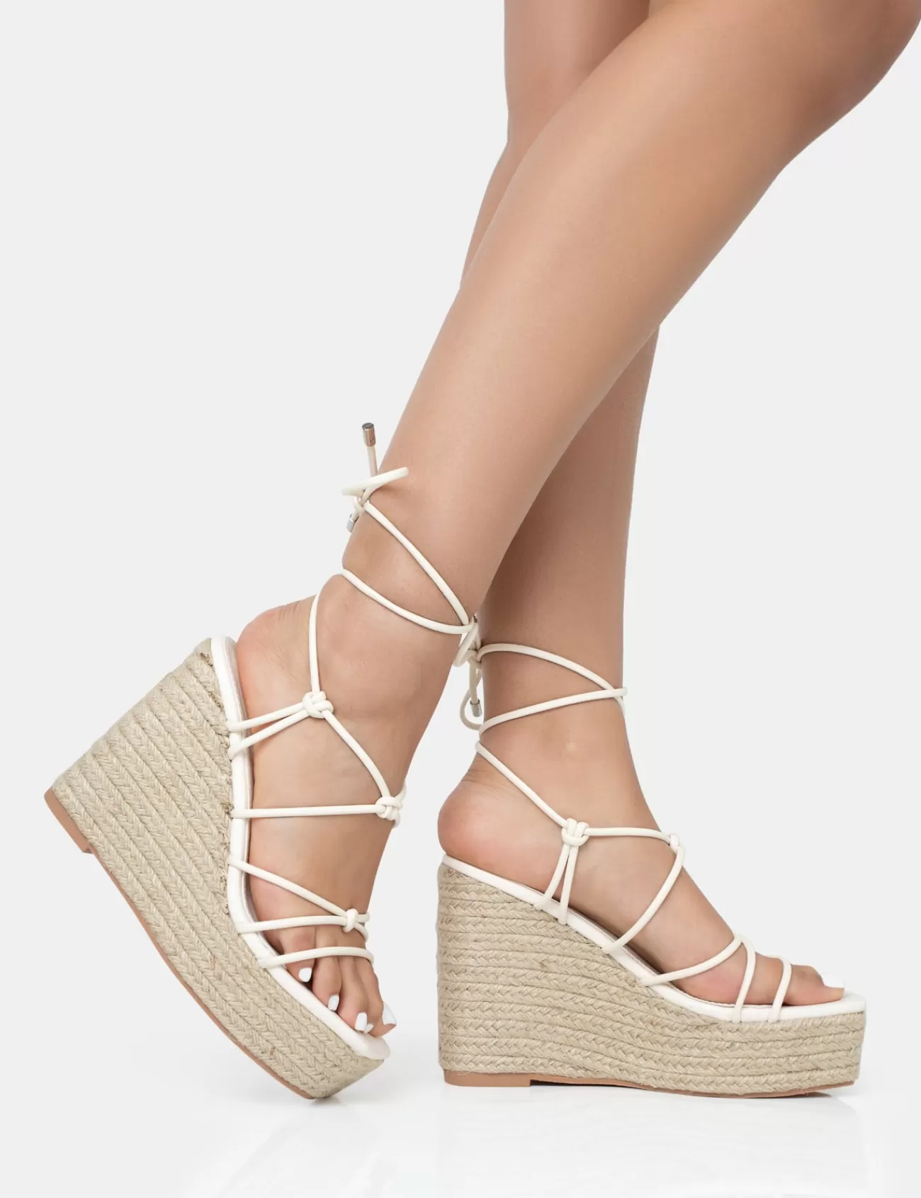 Public Desire Islander Lace Up Square Toe High Heeled Sandal Esparille Wedges Ecru Discount