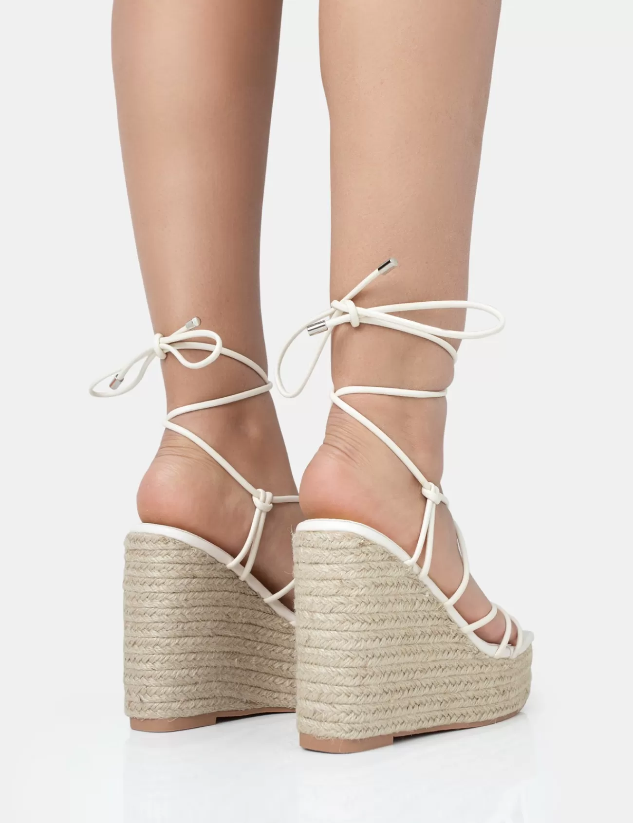 Public Desire Islander Lace Up Square Toe High Heeled Sandal Esparille Wedges Ecru Discount