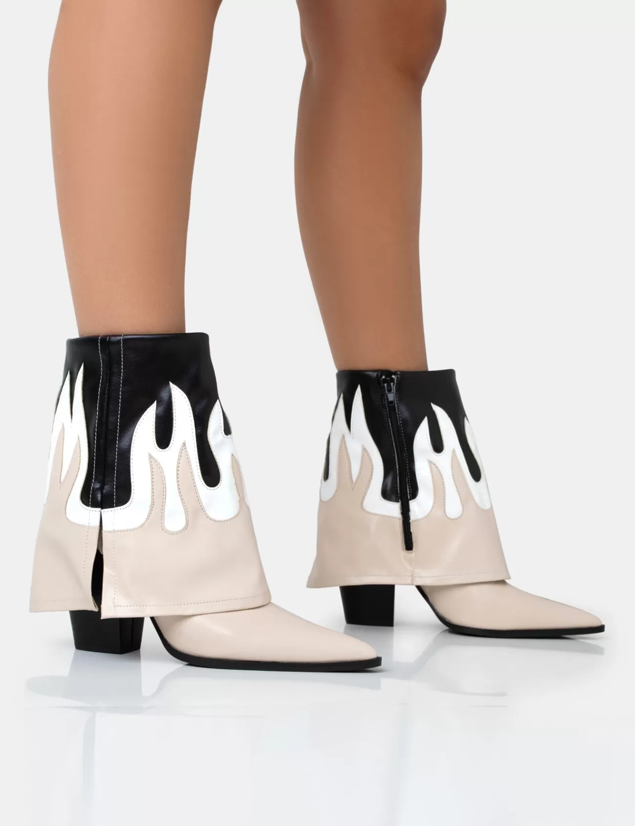 Public Desire Jackson Black Flame Fold Over Pointed Toe Western Ankle Boots Nude Best Sale