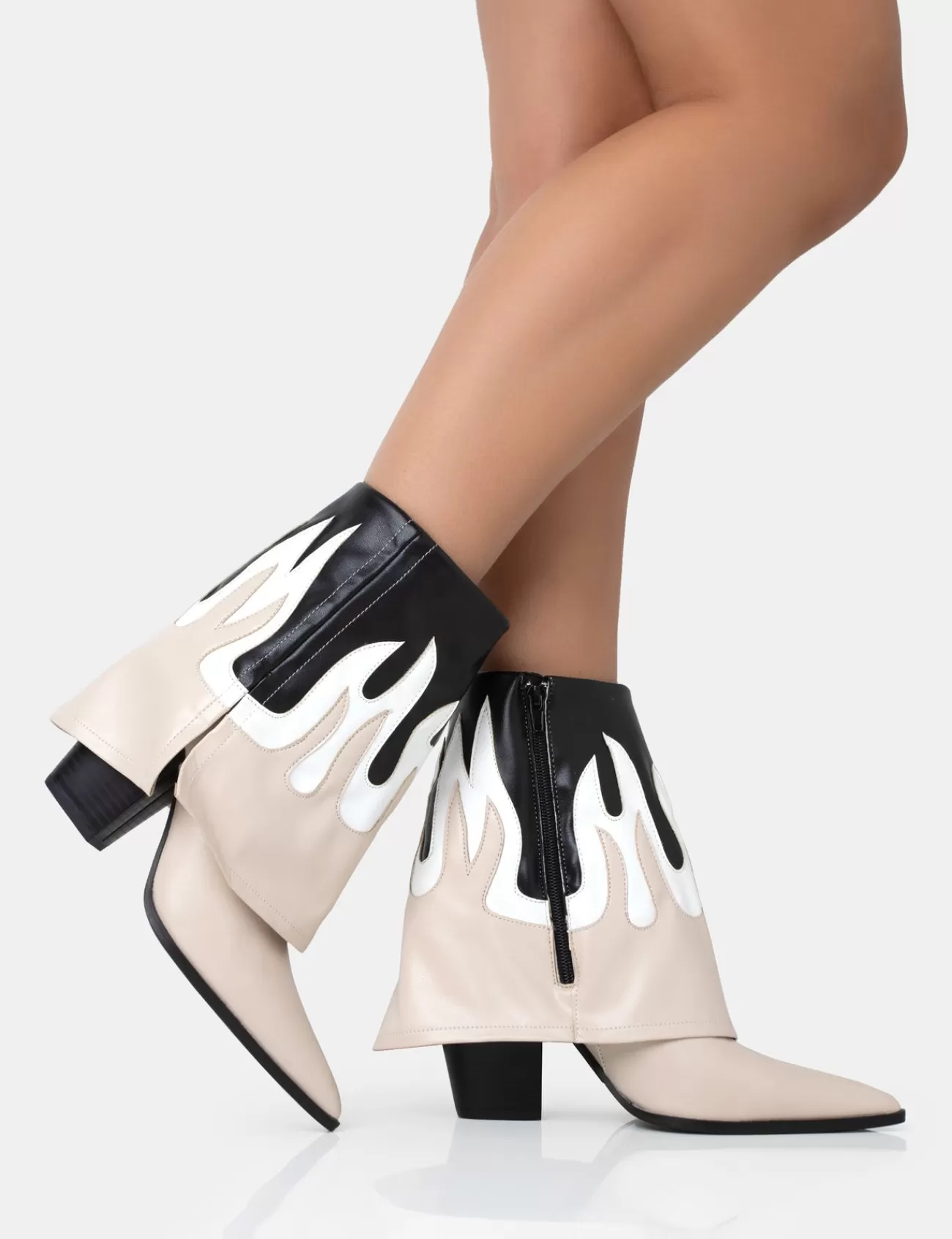 Public Desire Jackson Black Flame Fold Over Pointed Toe Western Ankle Boots Nude Best Sale