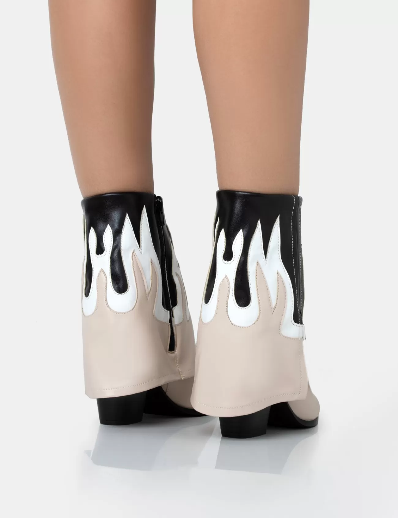 Public Desire Jackson Black Flame Fold Over Pointed Toe Western Ankle Boots Nude Best Sale