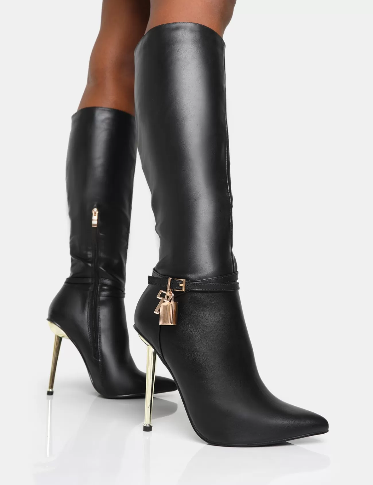 Public Desire Jayden Pu Padlock Detail Pointed Toe Gold Stiletto Heel Knee High Boots Black Best