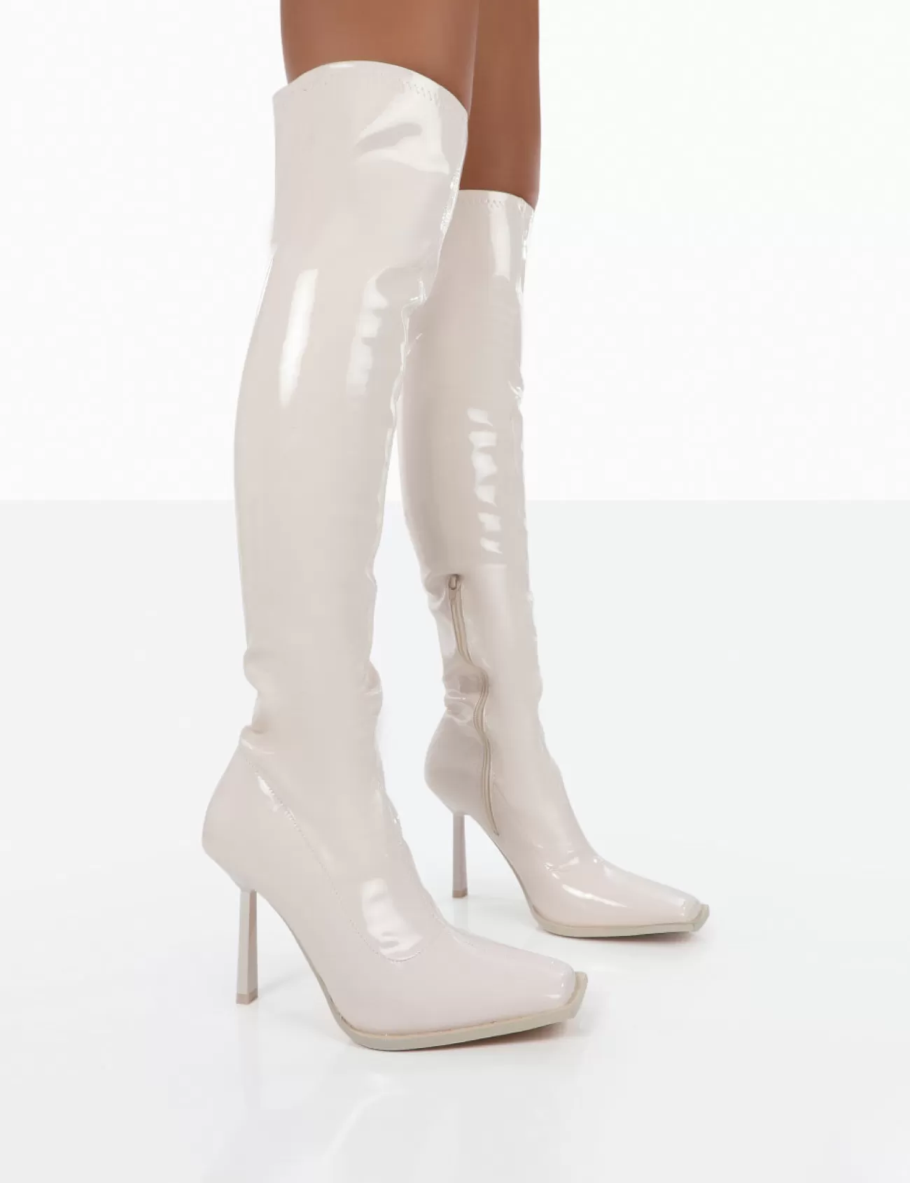 Public Desire Jenine Ecru Patent Over The Knee Stiletto Heeled Boots White Flash Sale