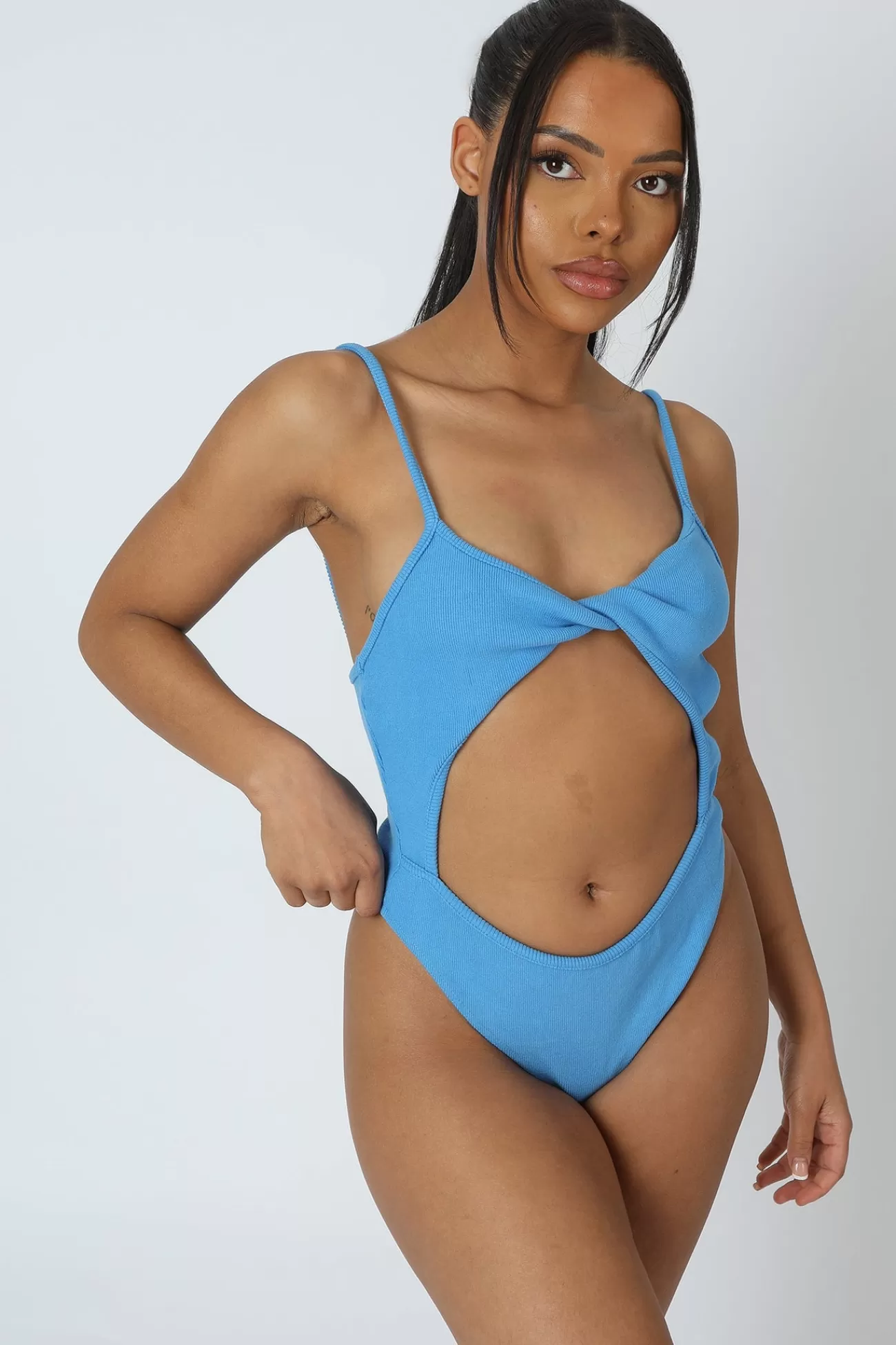 Public Desire Jersey High Leg Twist Bodysuit Blue Cheap