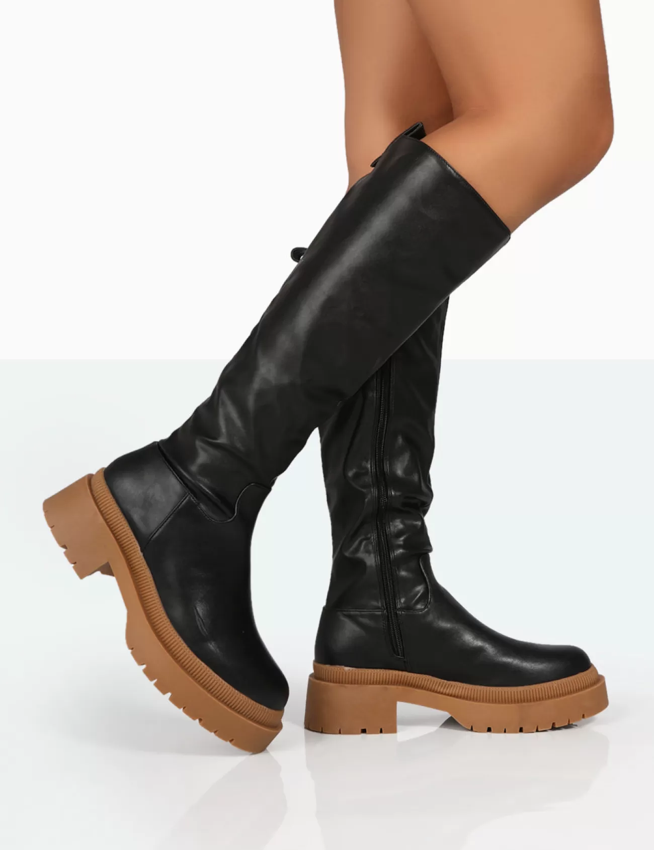 Public Desire Jersey Pu Contrasting Chunky Sole Knee High Boots Black Hot