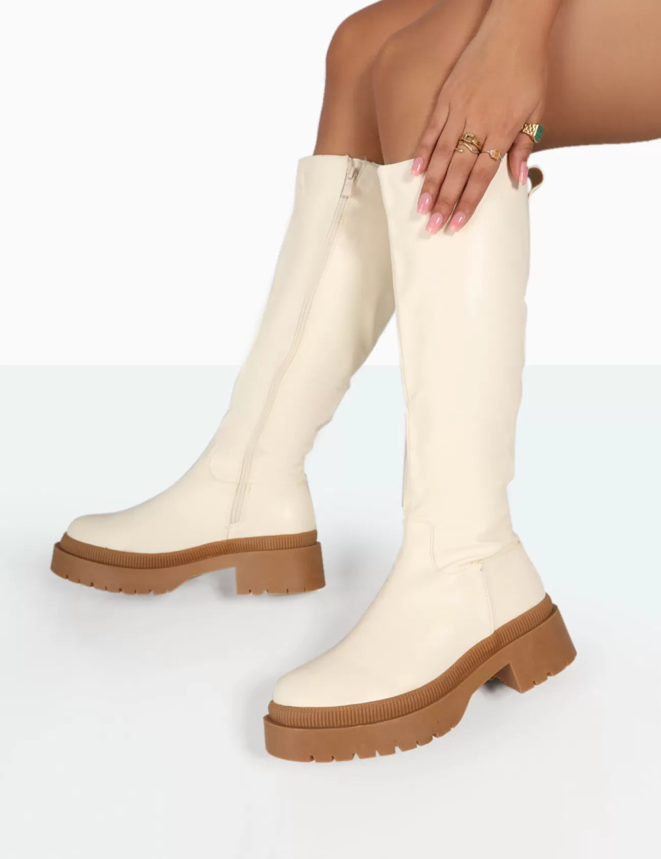 Public Desire Jersey Pu Contrasting Chunky Sole Knee High Boots Ecru Sale