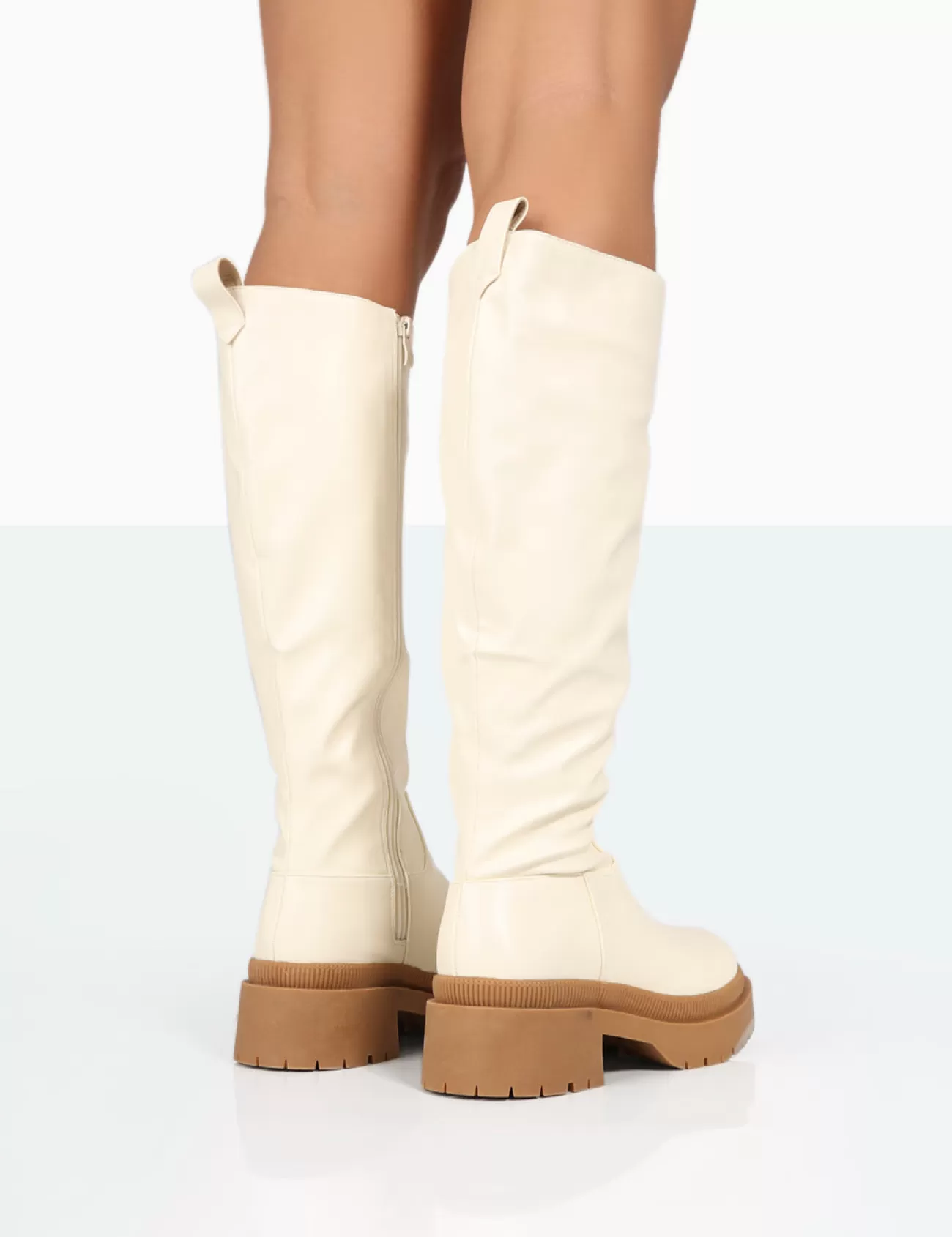 Public Desire Jersey Pu Contrasting Chunky Sole Knee High Boots Ecru Sale