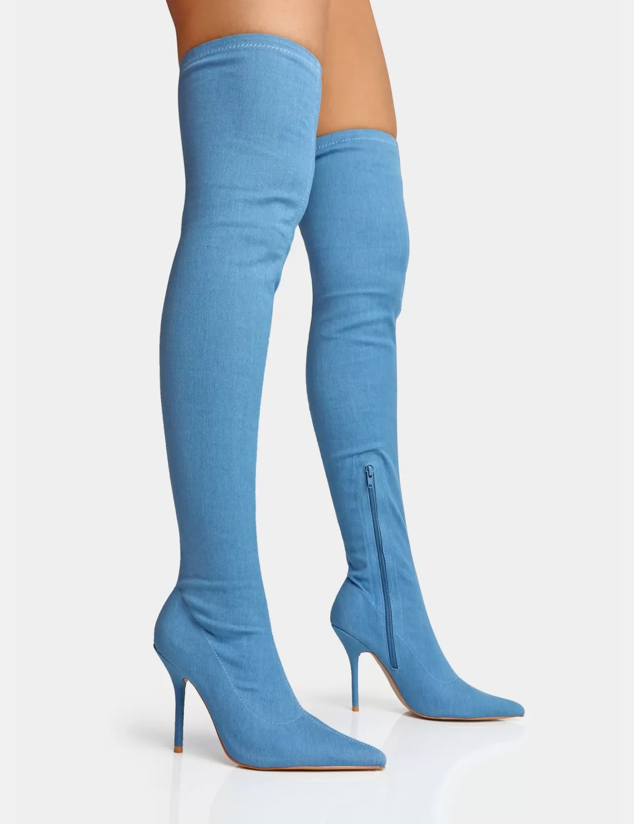 Public Desire Jodie Denim Seam Detail Pointed Toe Stiletto Thigh High Boots Blue Cheap