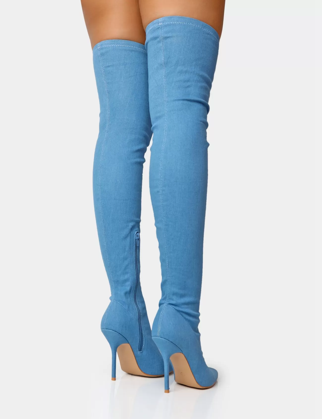 Public Desire Jodie Denim Seam Detail Pointed Toe Stiletto Thigh High Boots Blue Cheap
