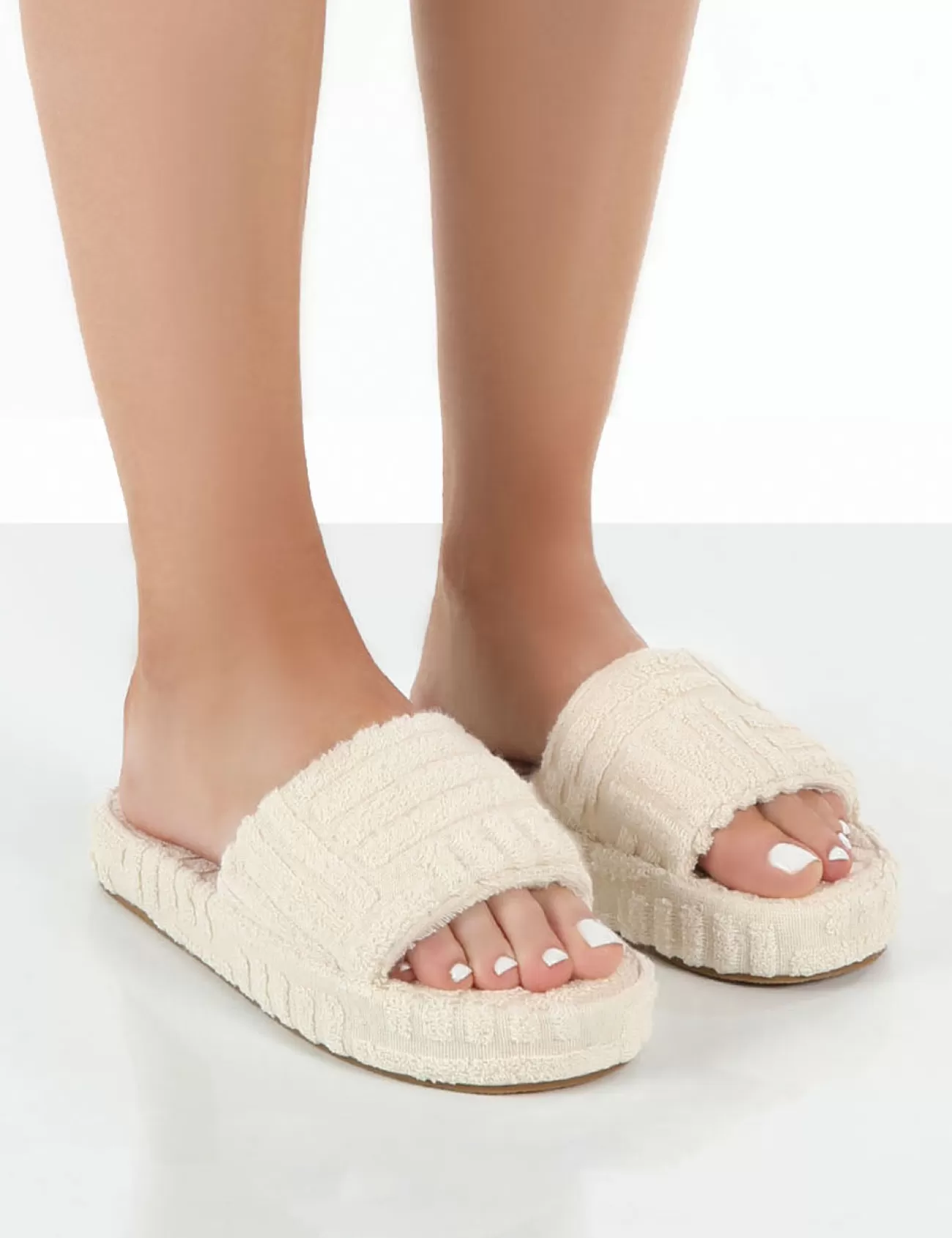 Public Desire Juicy Ecru Terry Towelling Slider Slippers White Discount