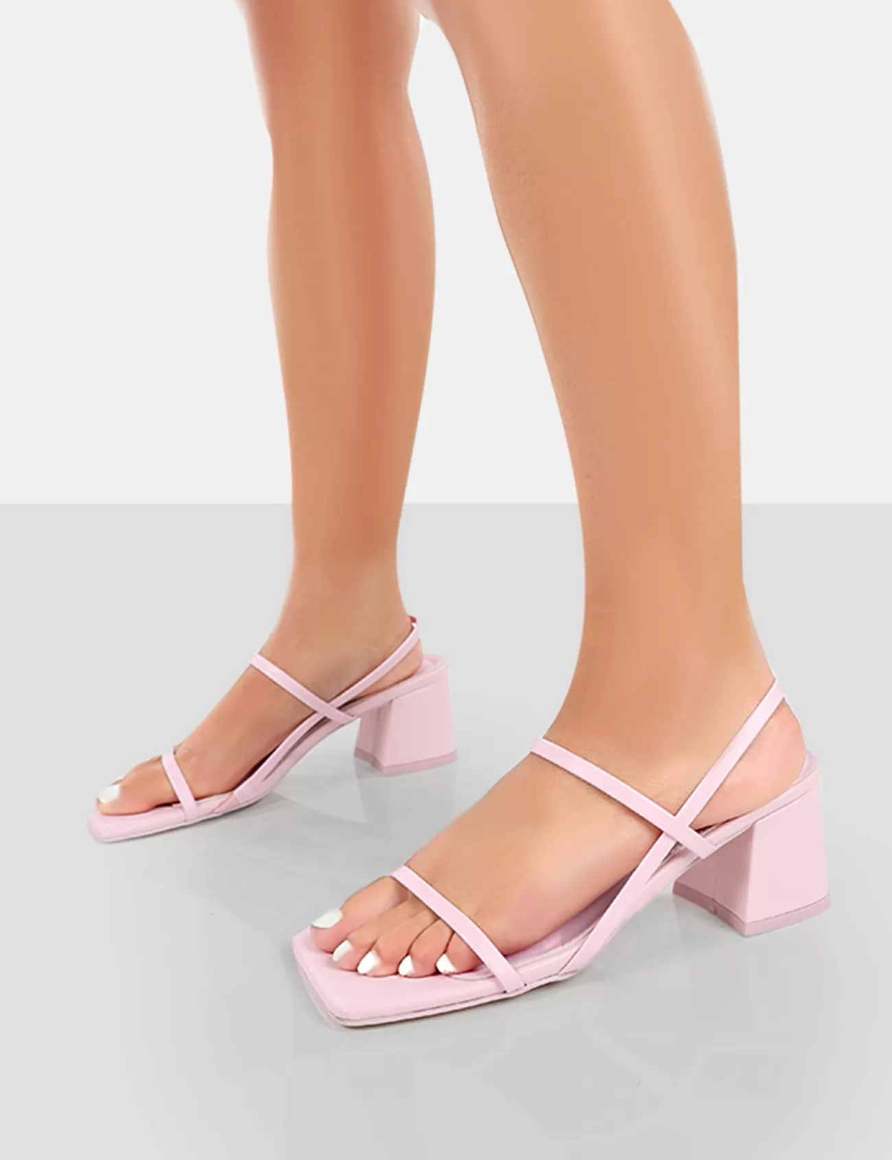 Public Desire Just Realise Pu Strappy Square Toe Mid Block Heeled Sandals Pink Store