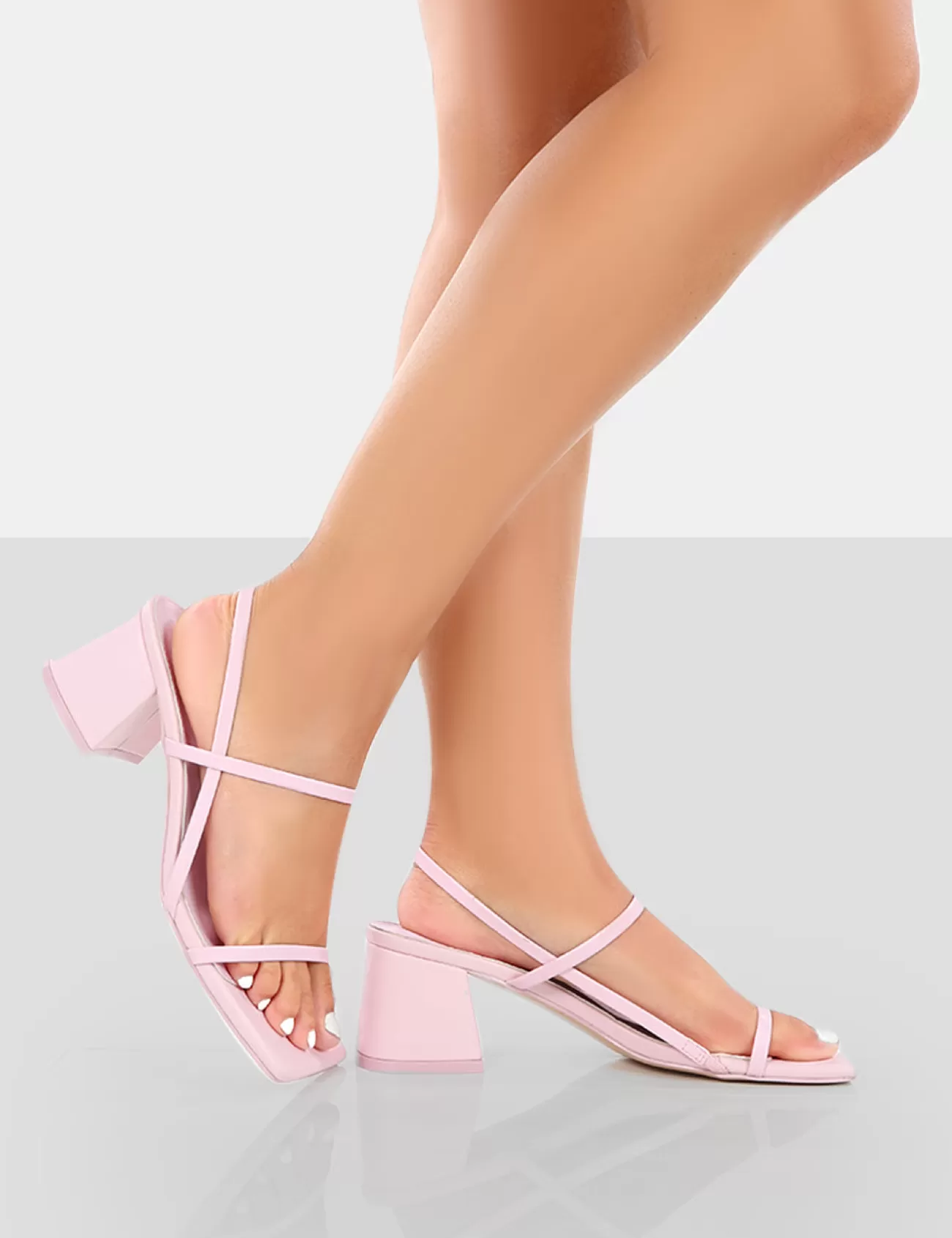 Public Desire Just Realise Pu Strappy Square Toe Mid Block Heeled Sandals Pink Store