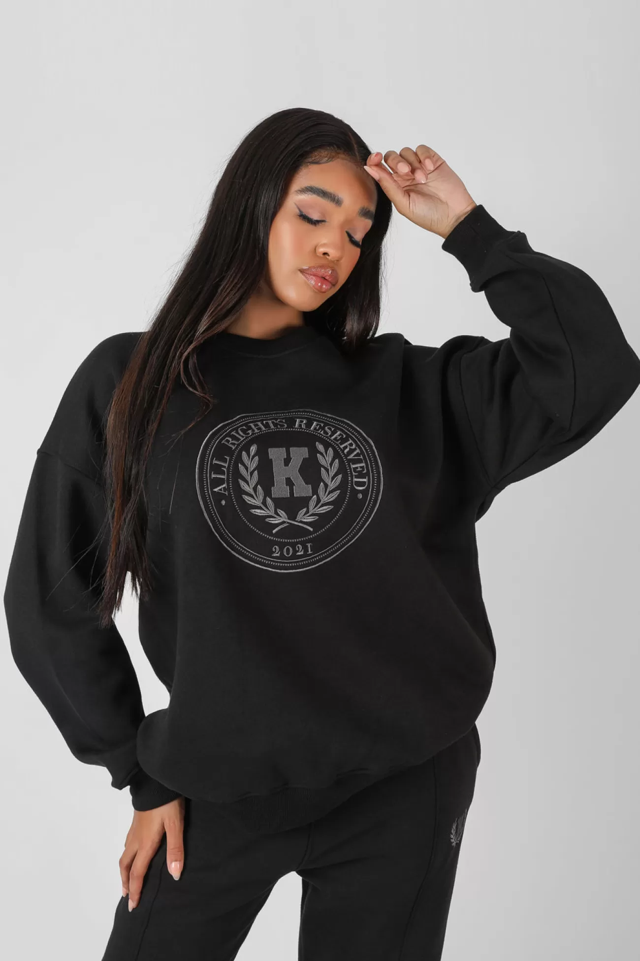 Public Desire Kaiia Oversized Tonal Embroidered Sweatshirt Black New