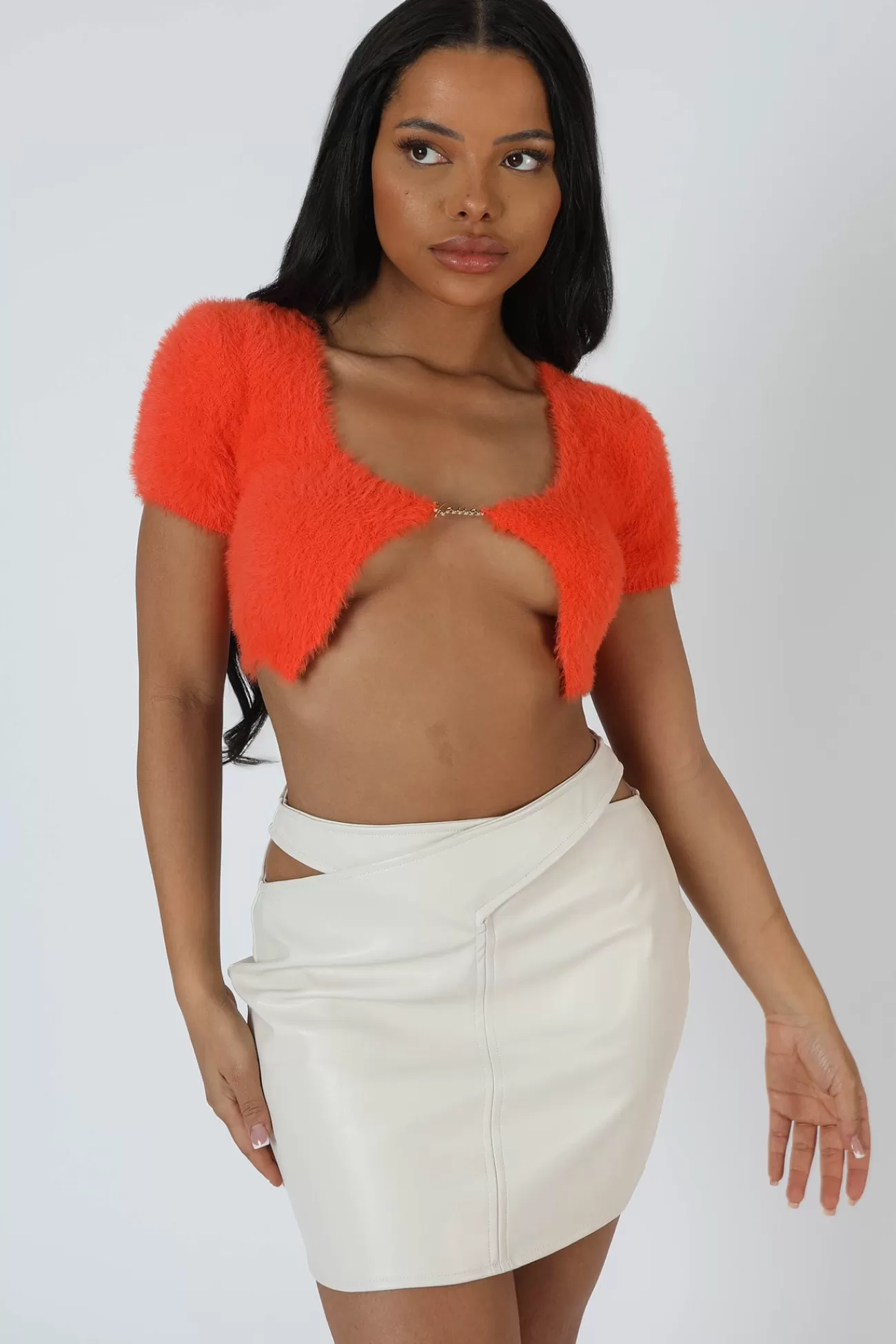 Public Desire Kaiia Trim Fluffy Knit Top Orange Sale