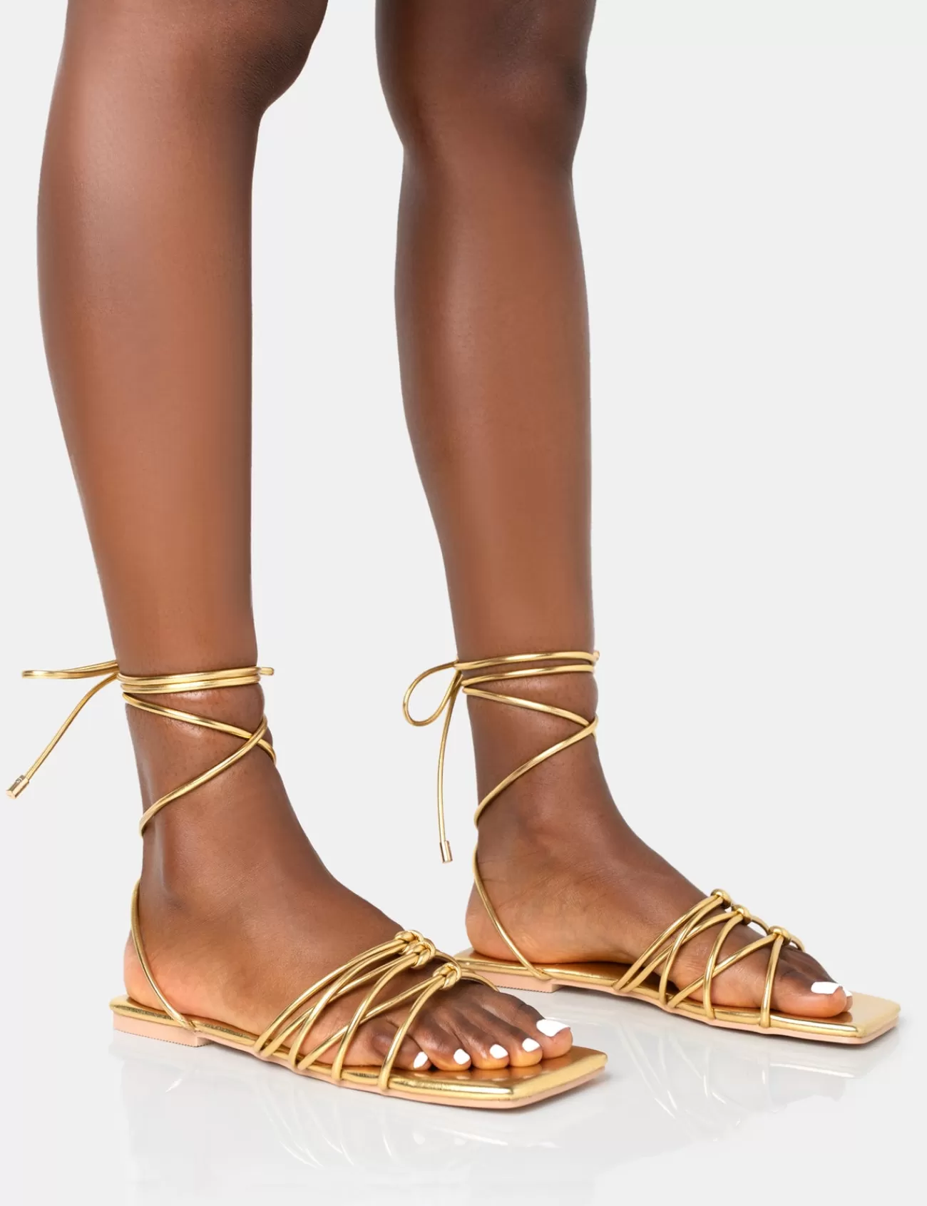 Public Desire Kelly Pu Lace Up Flat Square Toe Sandals Gold Store