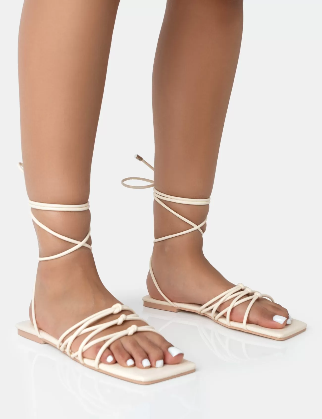 Public Desire Kelly Pu Lace Up Flat Square Toe Sandals Ecru Shop
