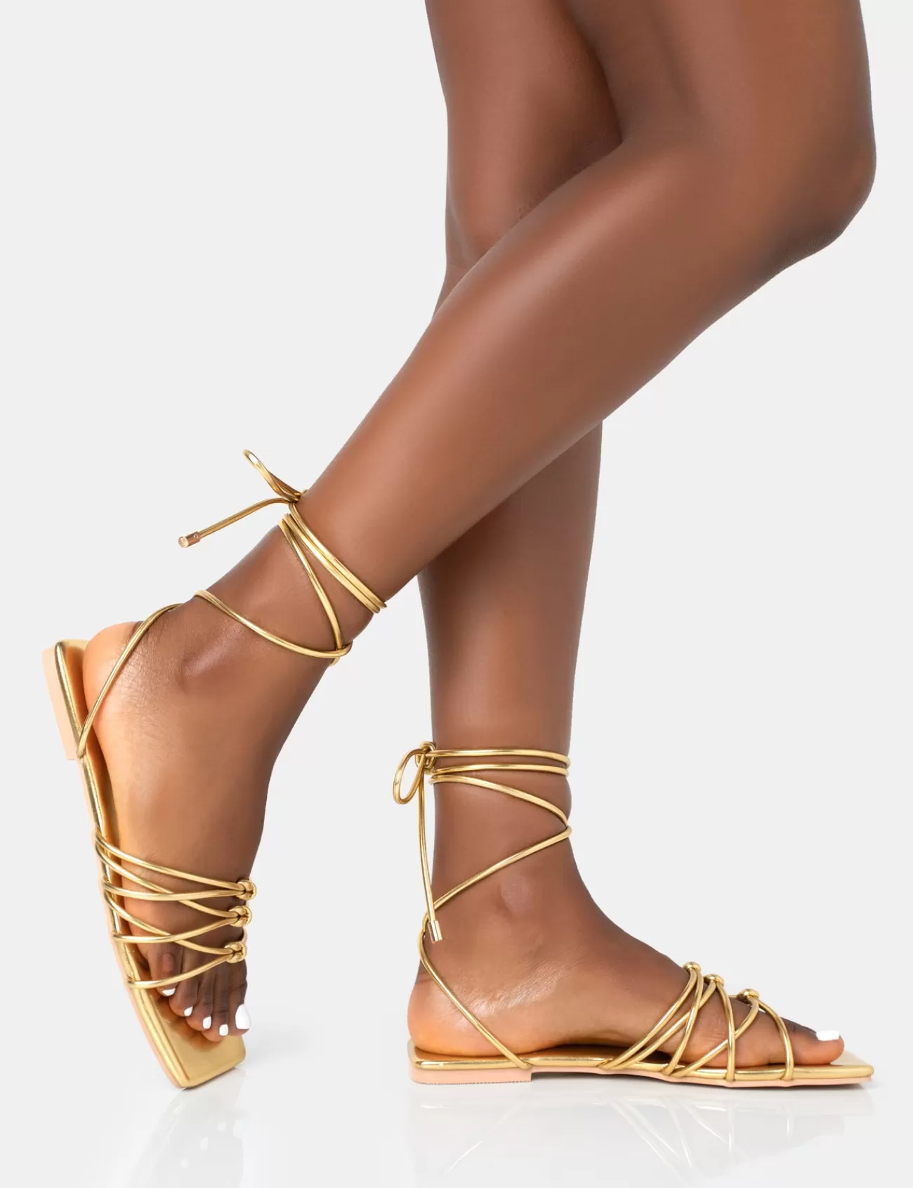 Public Desire Kelly Pu Lace Up Flat Square Toe Sandals Gold Store