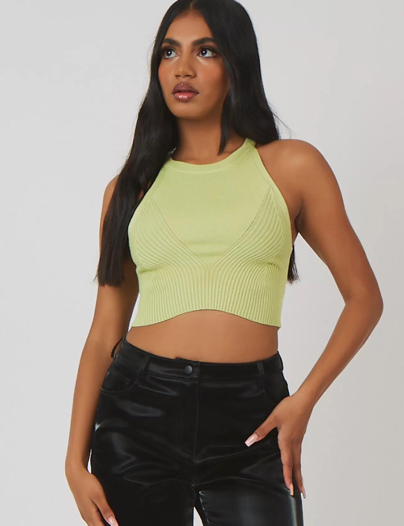 Public Desire Knitted High Neck Racer Crop Top Lime Sale