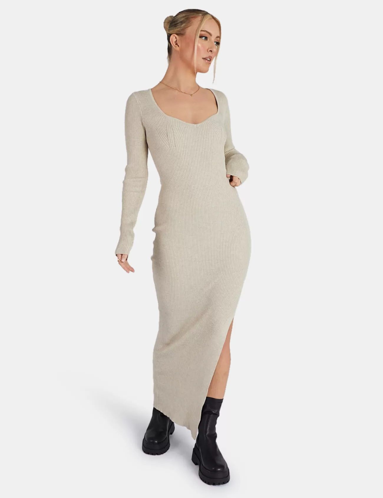 Public Desire Knitted Off Shoulder Midi Dress Marl Oatmeal Clearance