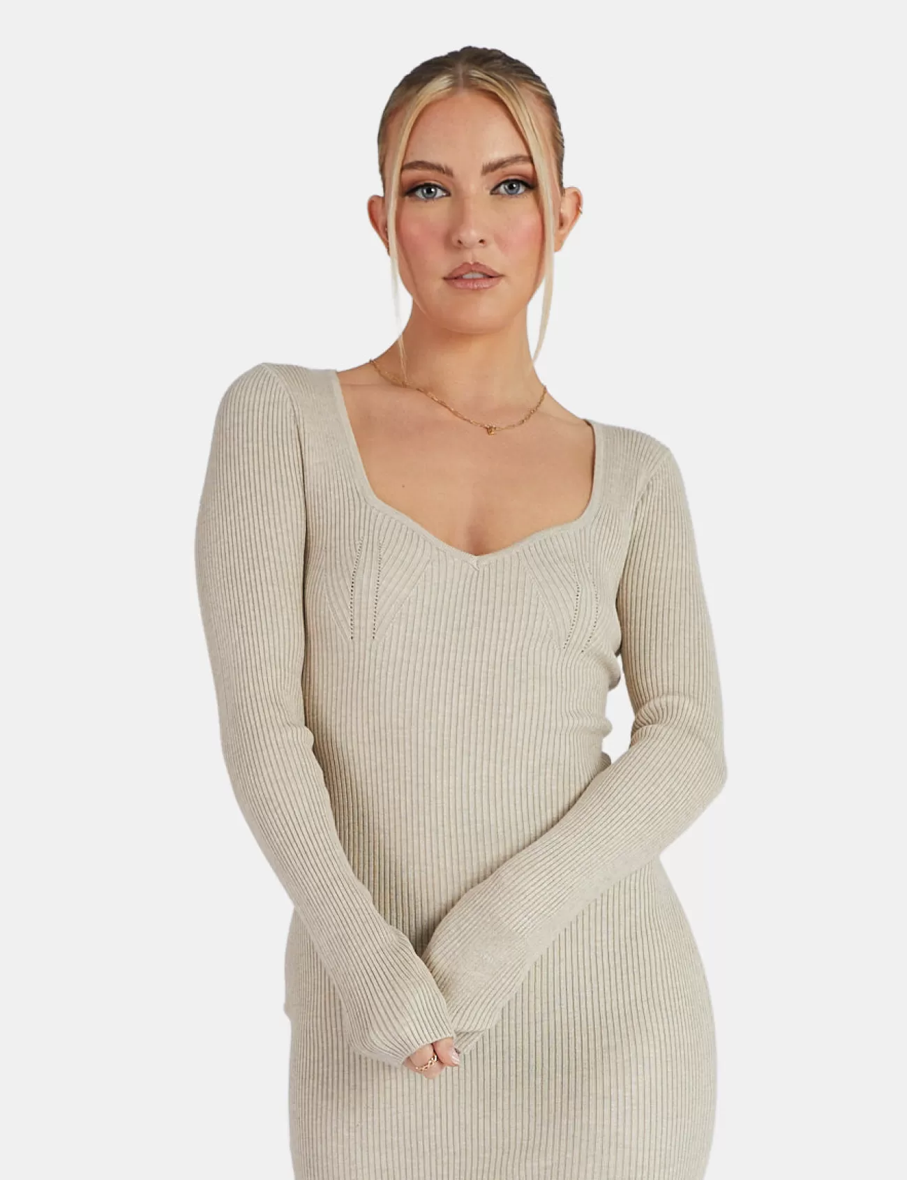 Public Desire Knitted Off Shoulder Midi Dress Marl Oatmeal Clearance