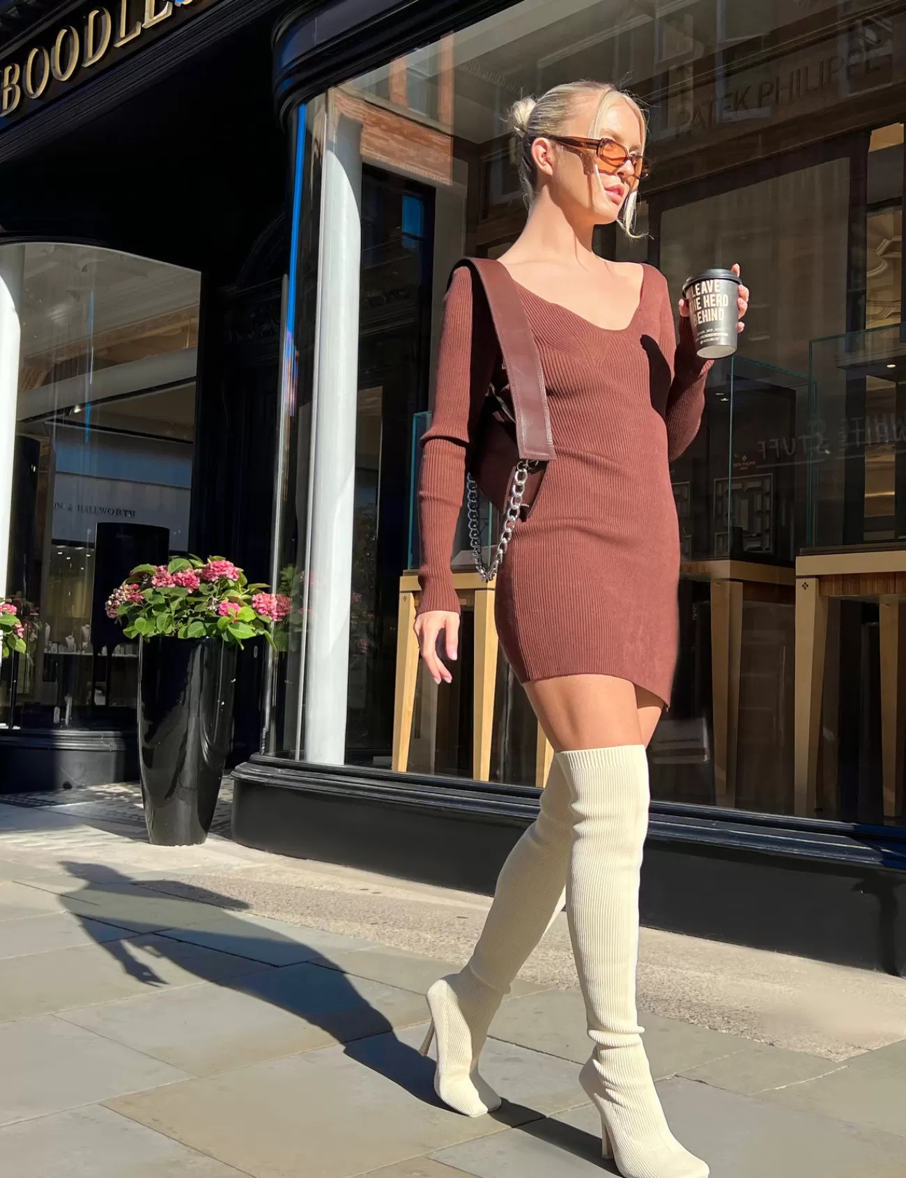 Public Desire Knitted Off Shoulder Mini Dress Chocolate Brown Best Sale