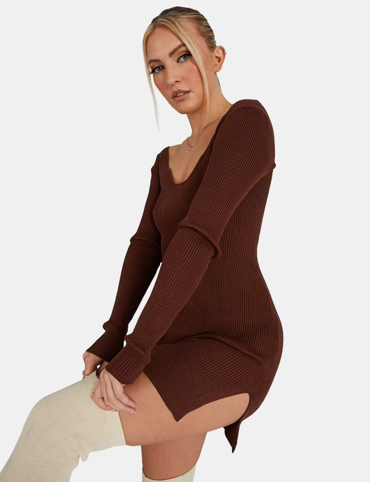 Public Desire Knitted Off Shoulder Mini Dress Chocolate Brown Best Sale