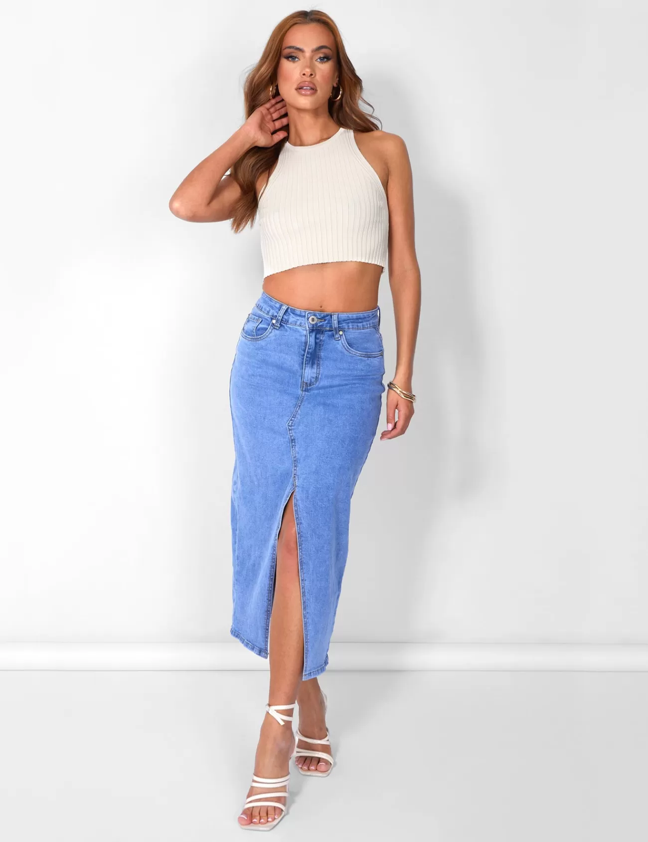 Public Desire Knitted Ribbed Racer Top White Clearance