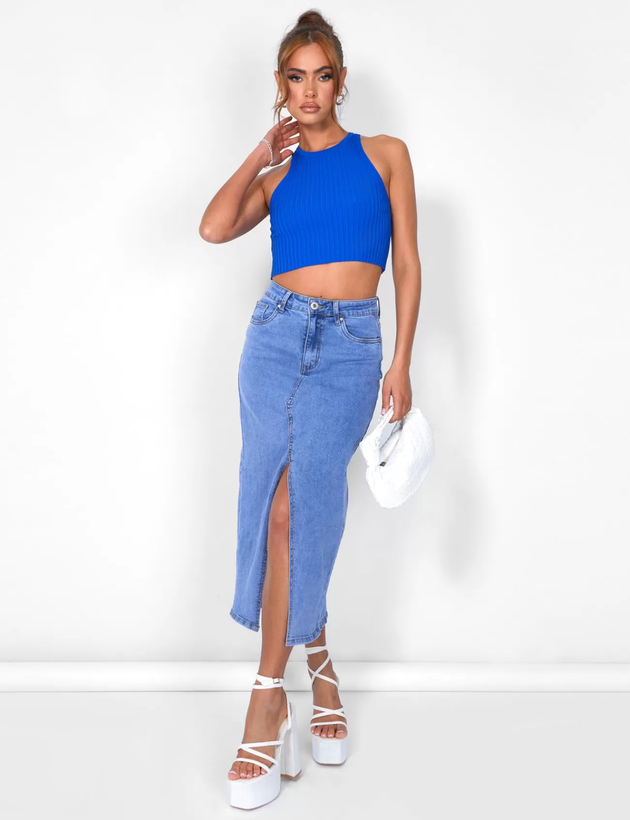 Public Desire Knitted Ribbed Racer Top Cobalt Blue New