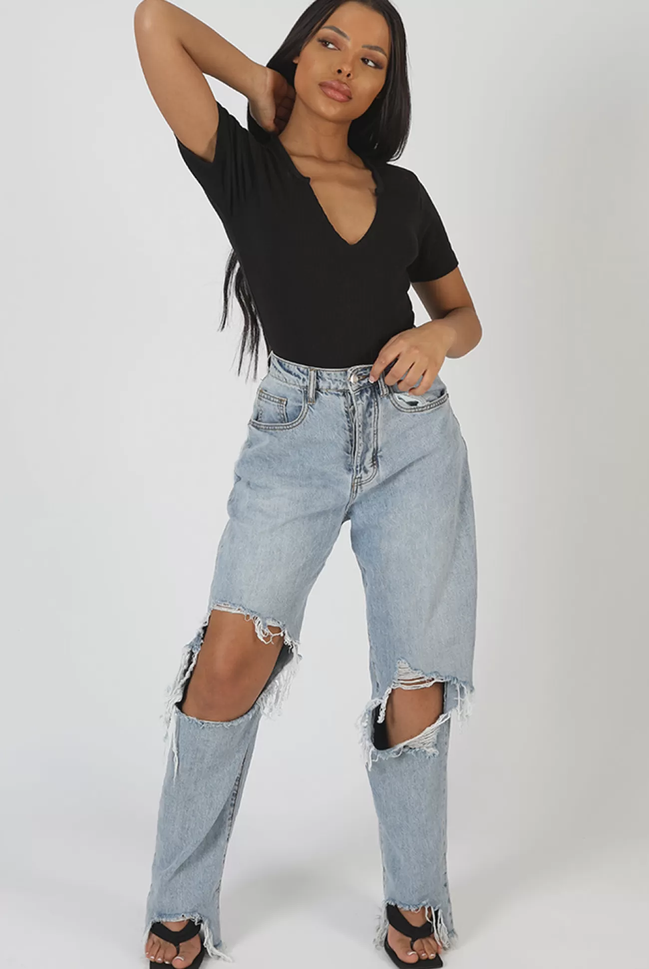 Public Desire Knotch Front Short Sleeve Ribbed Bodysuit Black Store