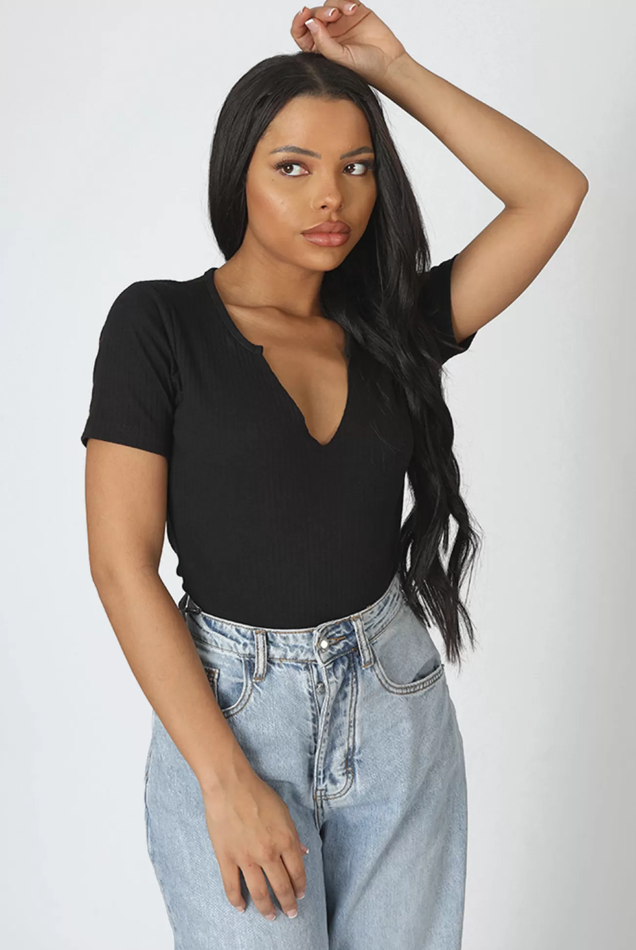 Public Desire Knotch Front Short Sleeve Ribbed Bodysuit Black Store
