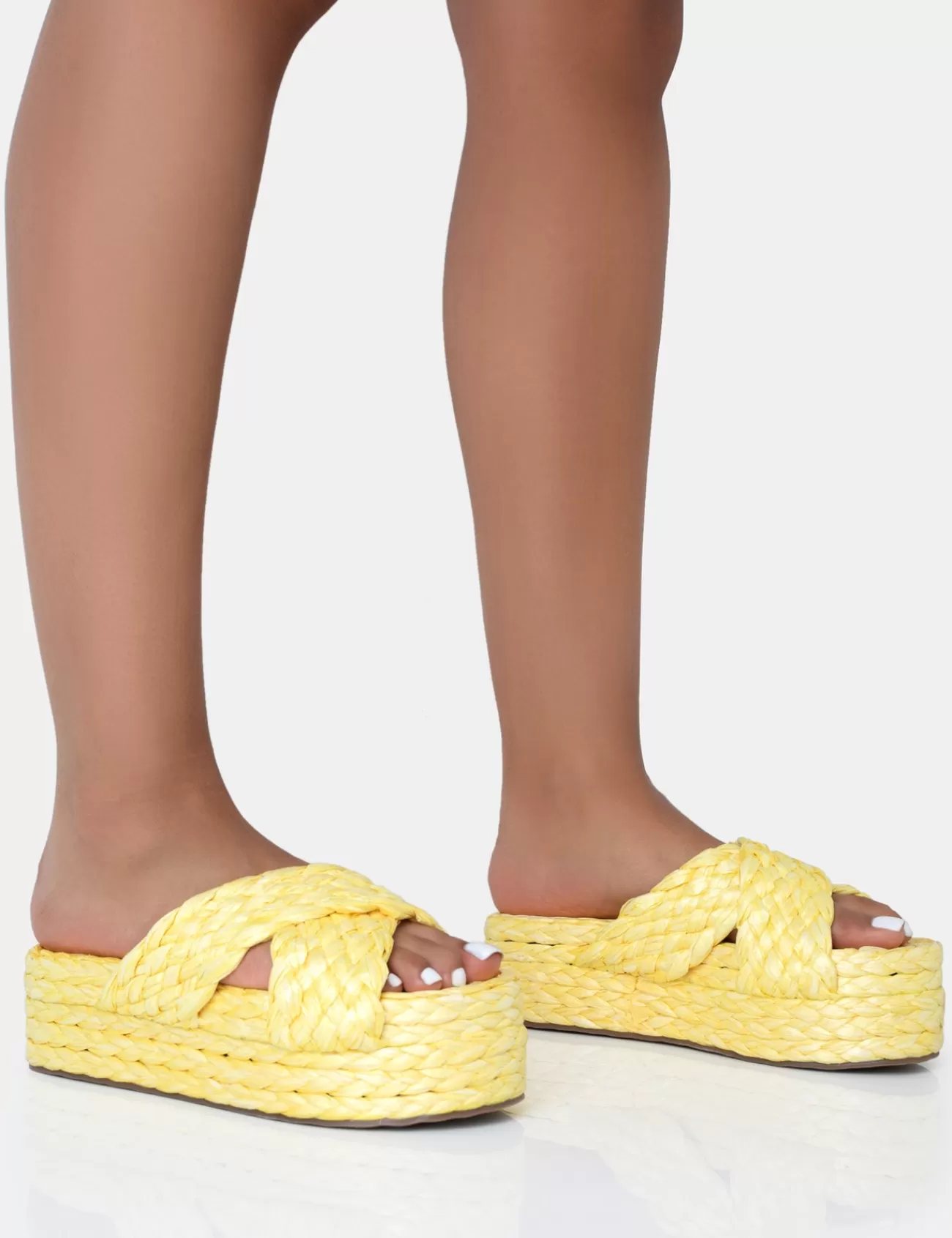 Public Desire Kos Raffia Cross Over Strap Slip On Flatform Sandals Yellow Store