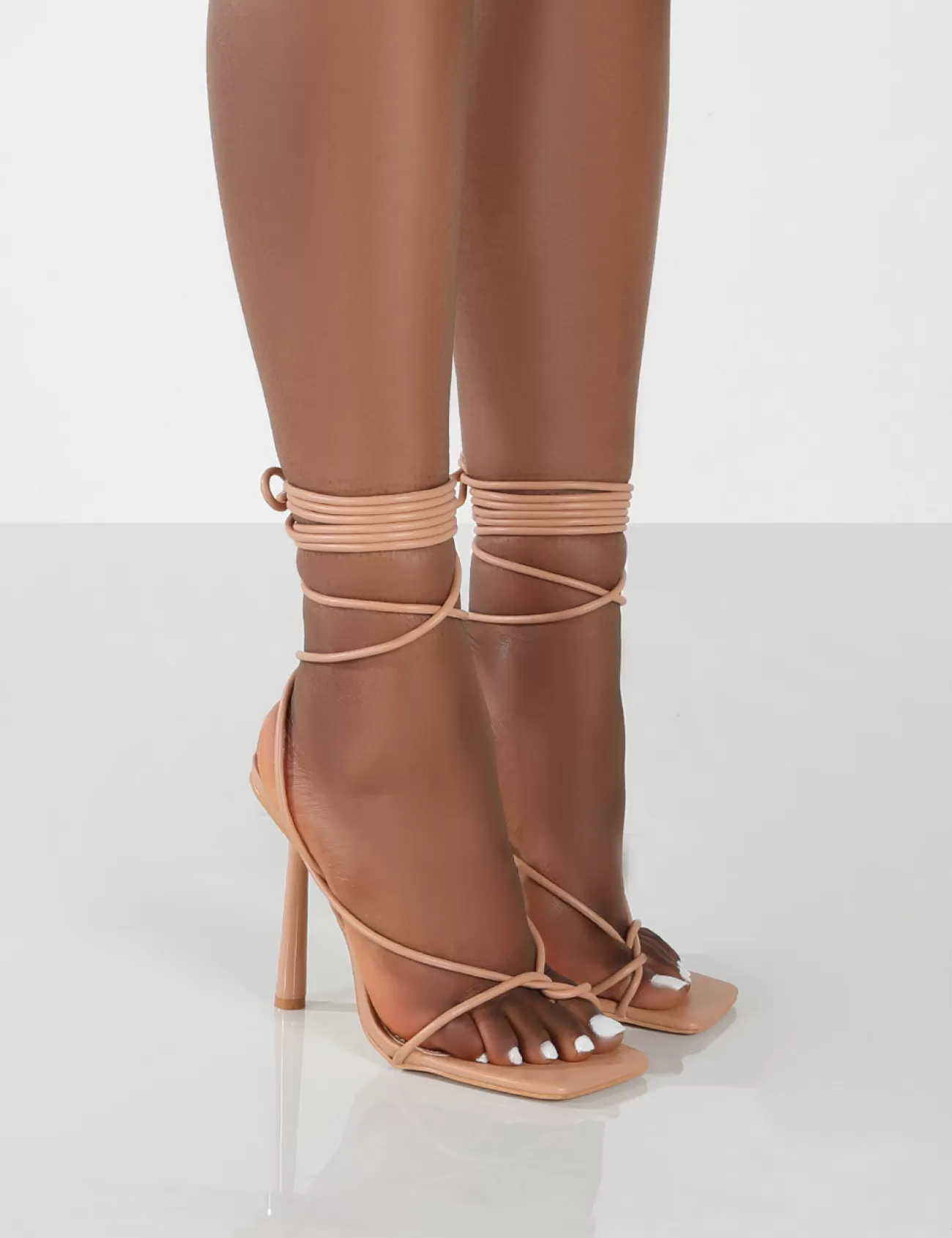 Public Desire Lacey Pu Square Toe Strappy Lace Up Stiletto Heels Nude New