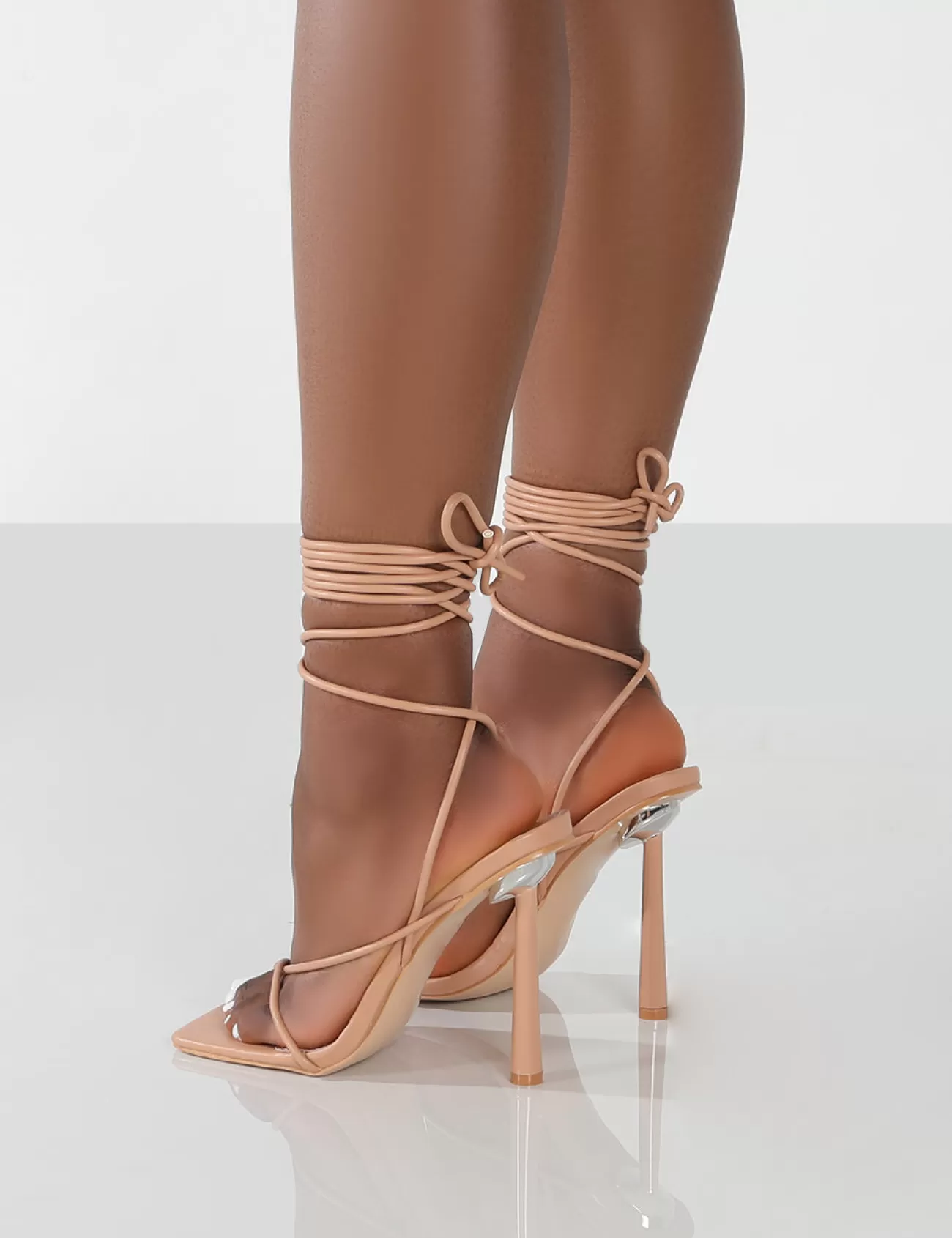 Public Desire Lacey Pu Square Toe Strappy Lace Up Stiletto Heels Nude New