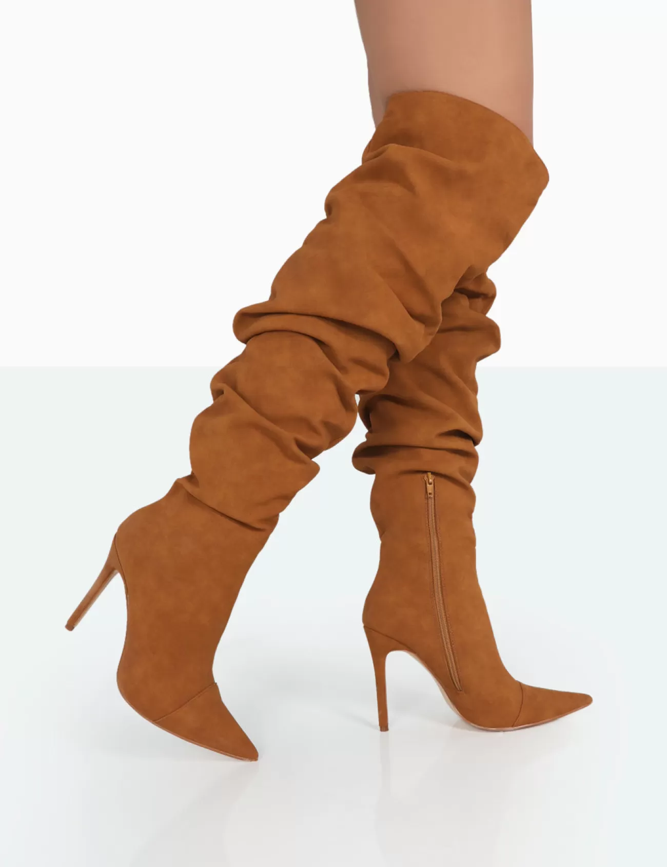 Public Desire Lariza Faux Suede Pointed Toe Stiletto Over The Knee Boots Tan Store