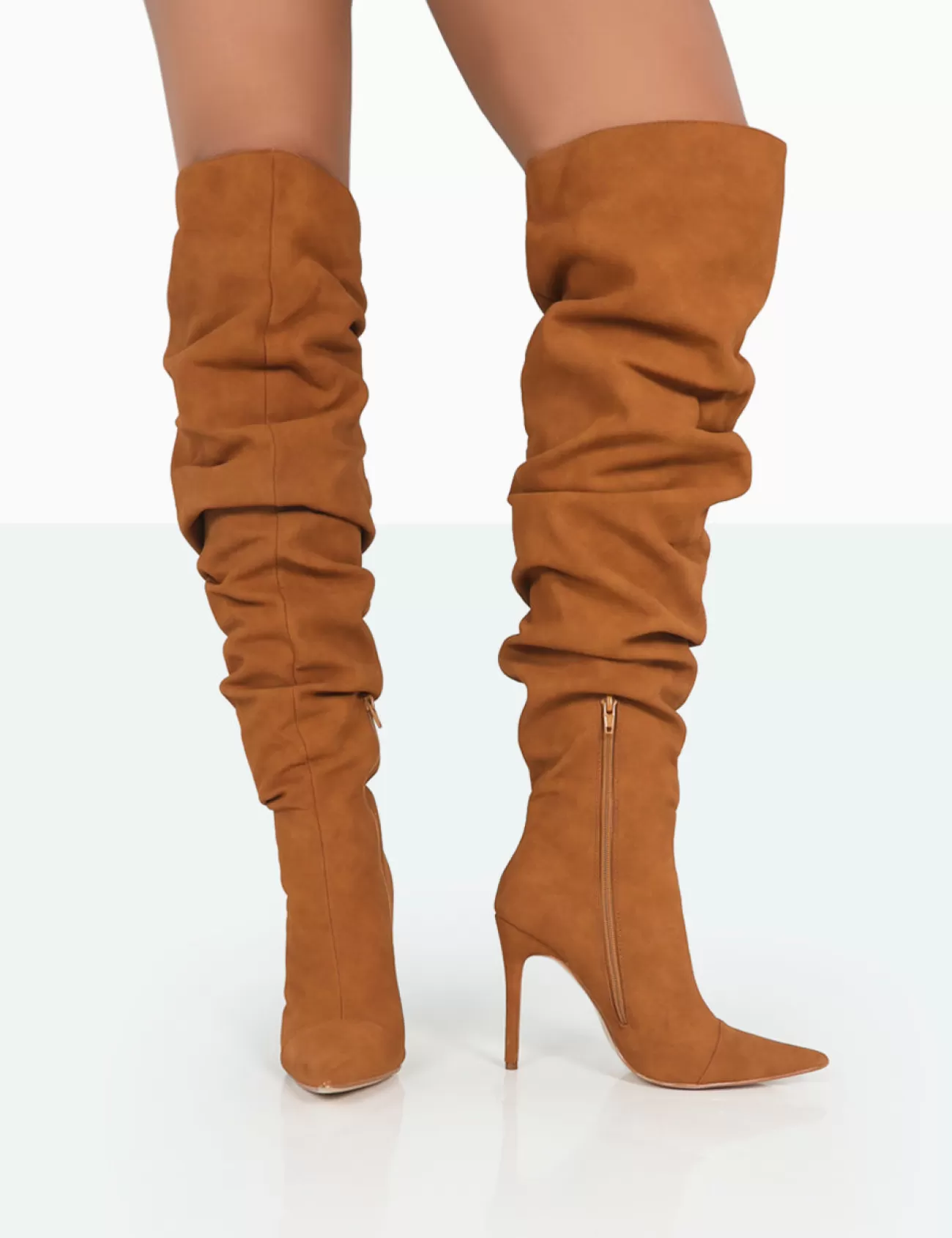 Public Desire Lariza Faux Suede Pointed Toe Stiletto Over The Knee Boots Tan Store