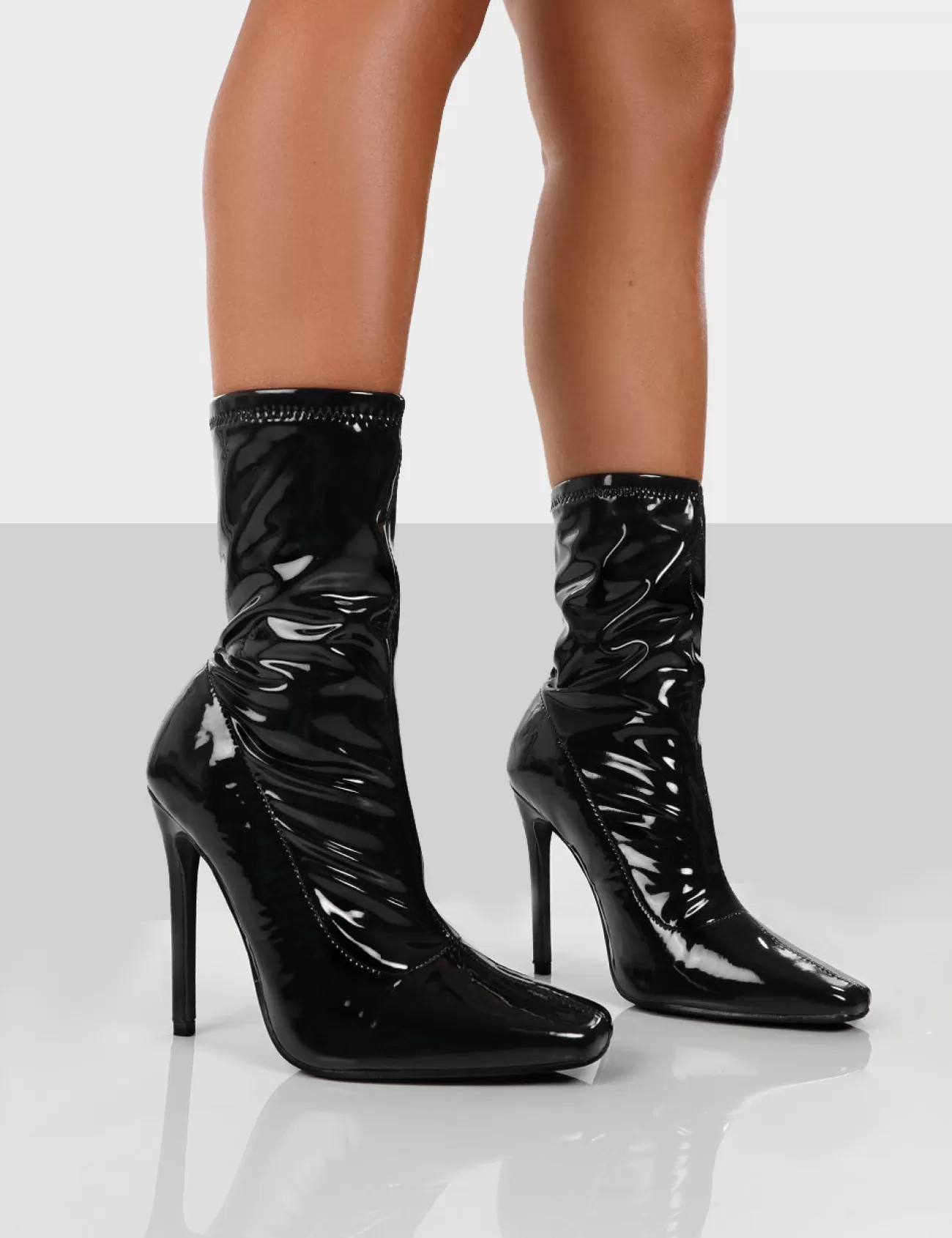 Public Desire Lars Patent Wide Fit Sock High Heeled Stiletto Ankle Boots Black Hot