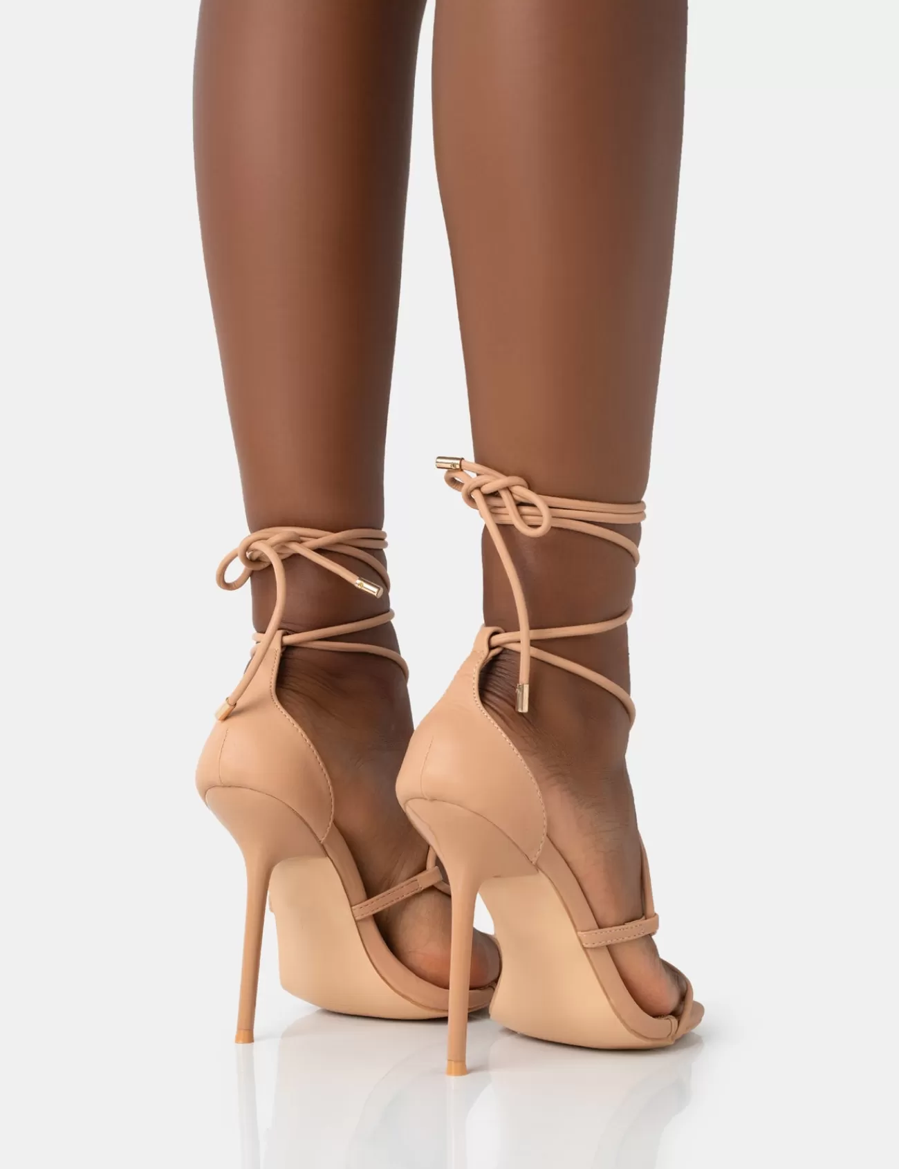 Public Desire Leilani Natural Pu Strappy Lace Up Square Toe Stiletto Heels Nude Clearance