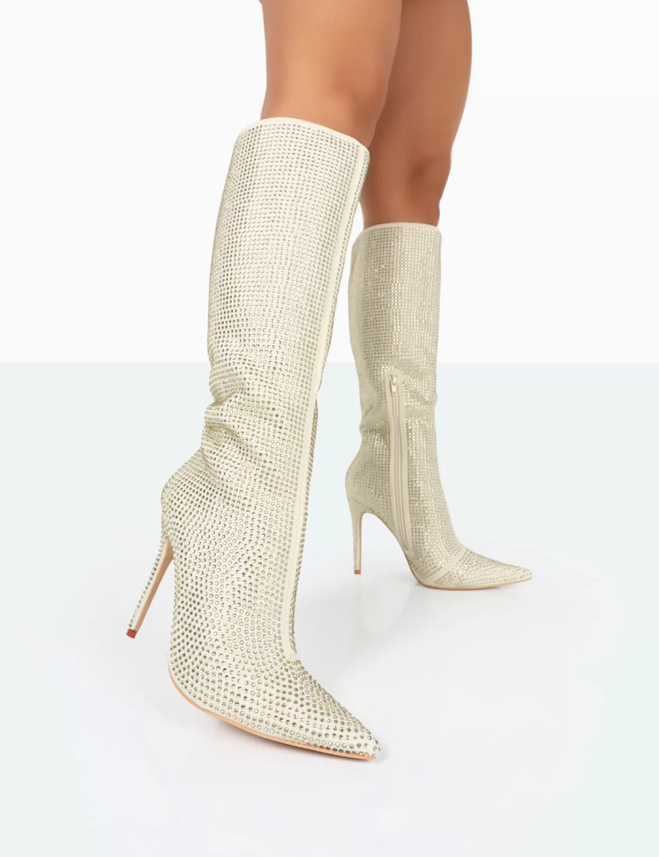 Public Desire Lexi Diamante Stiletto Knee High Boots Gold Clearance