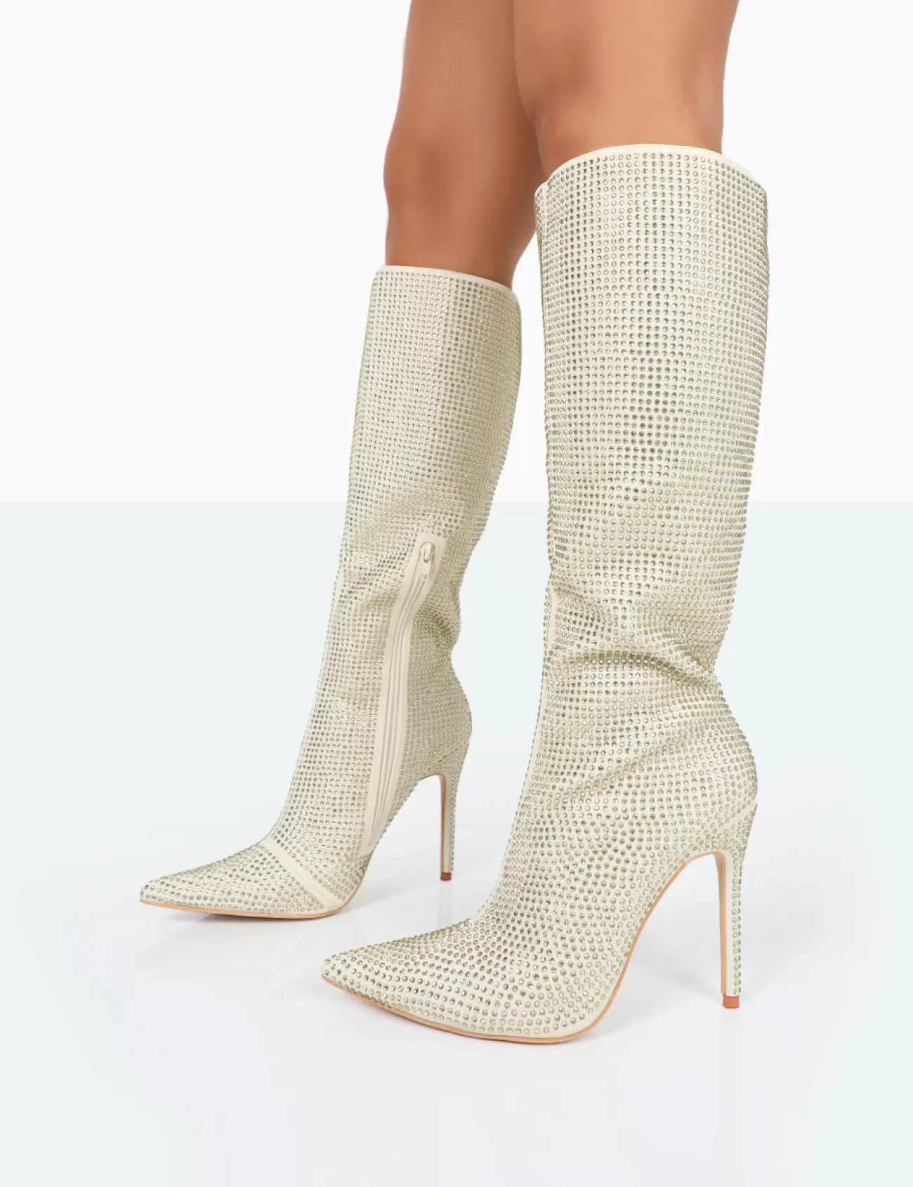Public Desire Lexi Diamante Stiletto Knee High Boots Gold Clearance