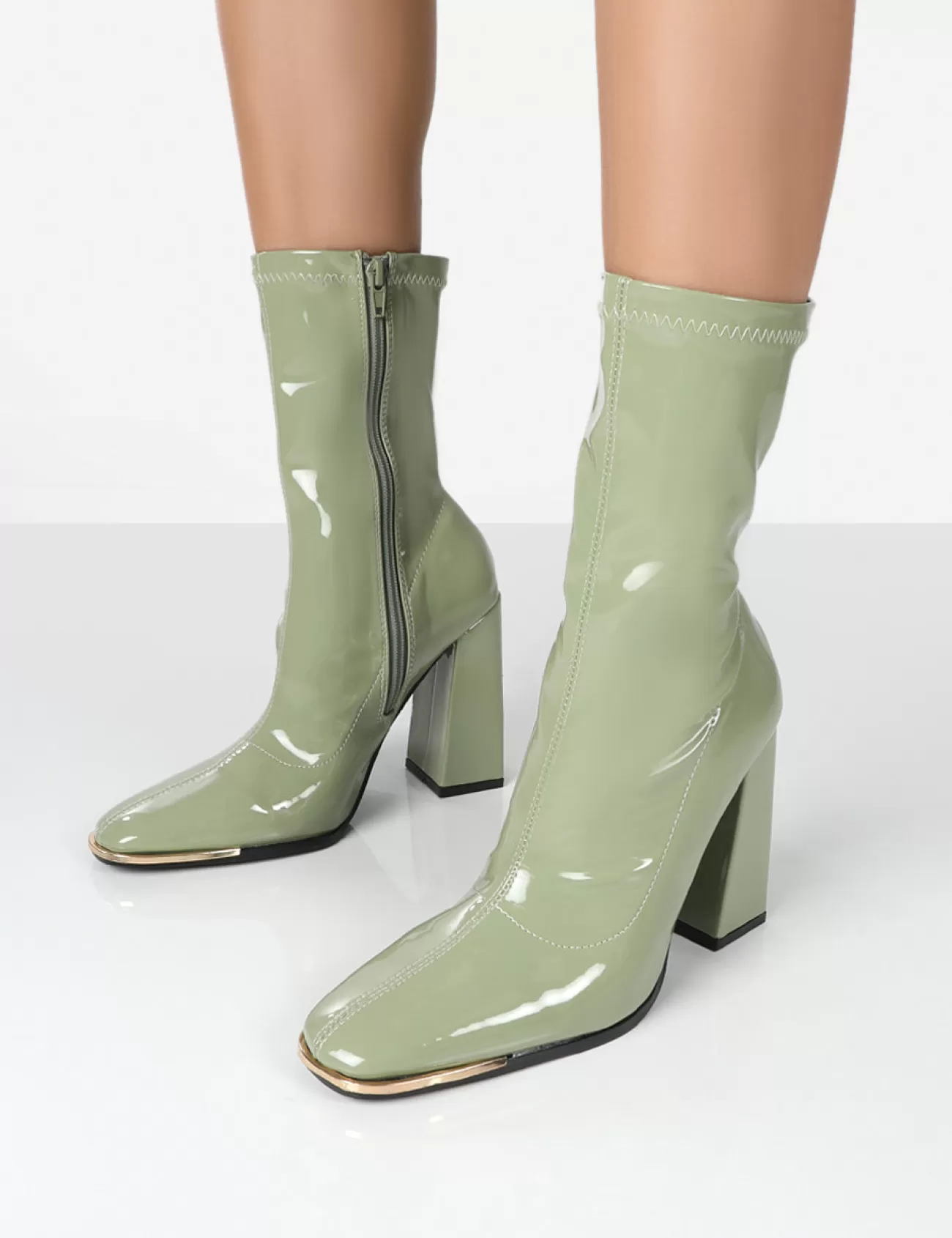 Public Desire Liberty Pu Sock High Heeled Ankle Boots Green Cheap