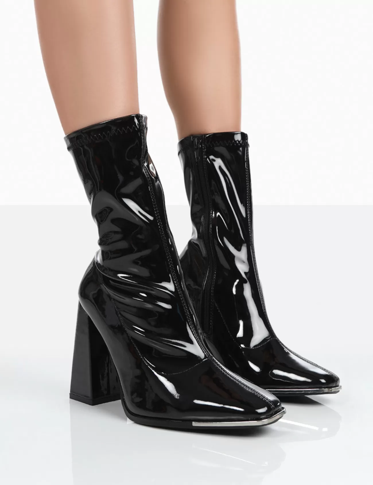 Public Desire Liberty Wide Fit Patent Sock Block Heeled Ankle Boots Black Sale