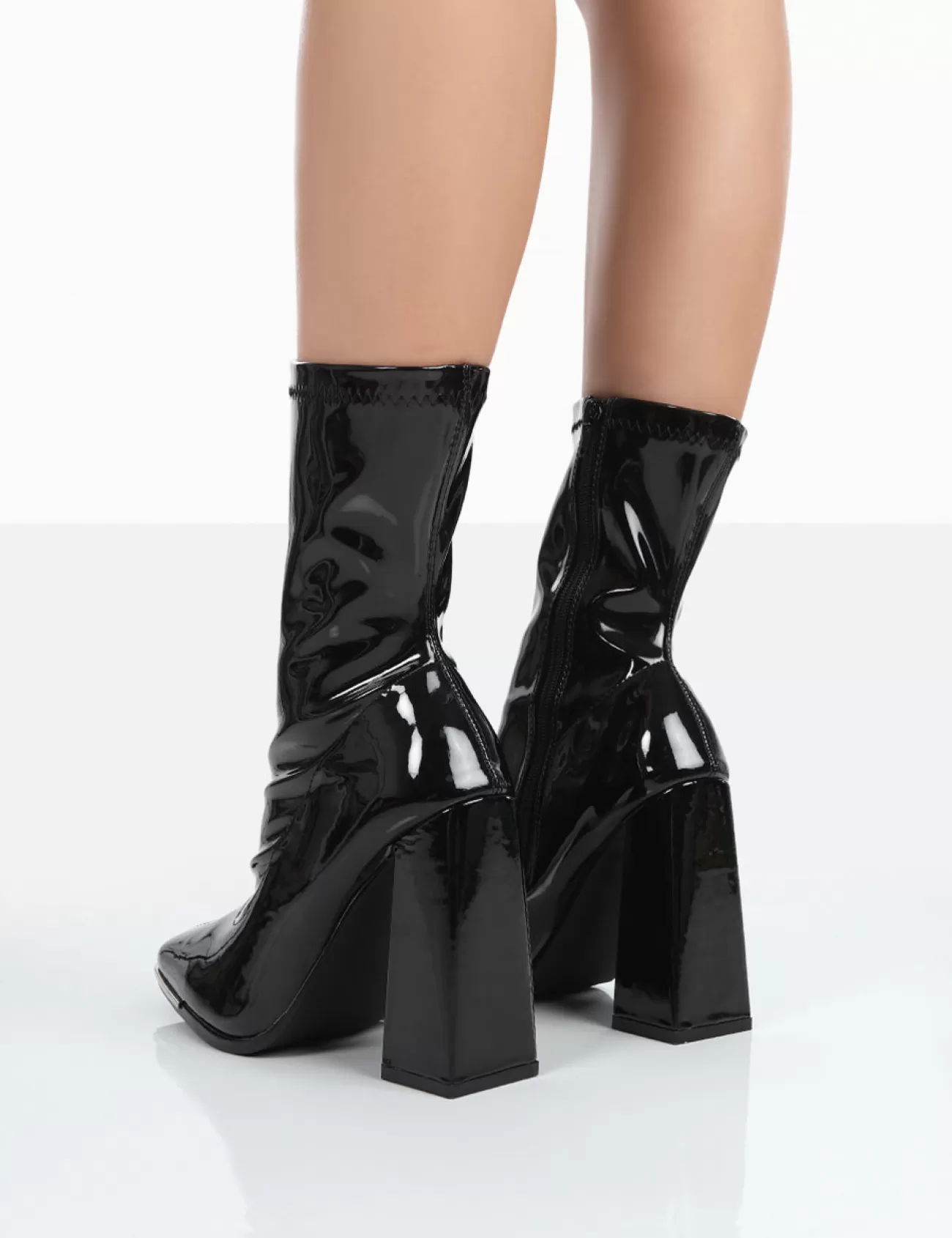 Public Desire Liberty Wide Fit Patent Sock Block Heeled Ankle Boots Black Sale