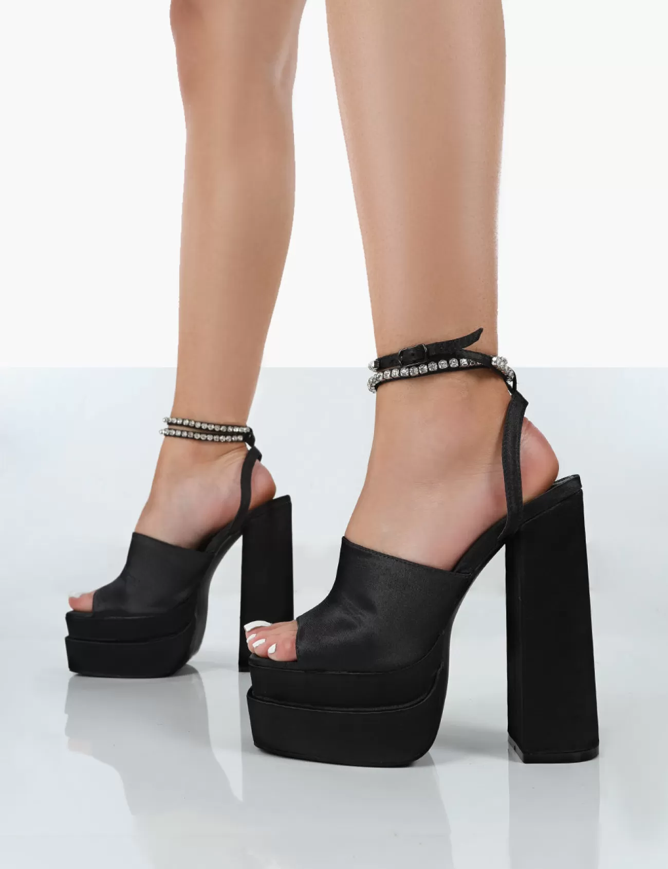 Public Desire Lilibet Satin Diamante Lace Up Strappy Open Toe Statement Platform Block Heels Black Online