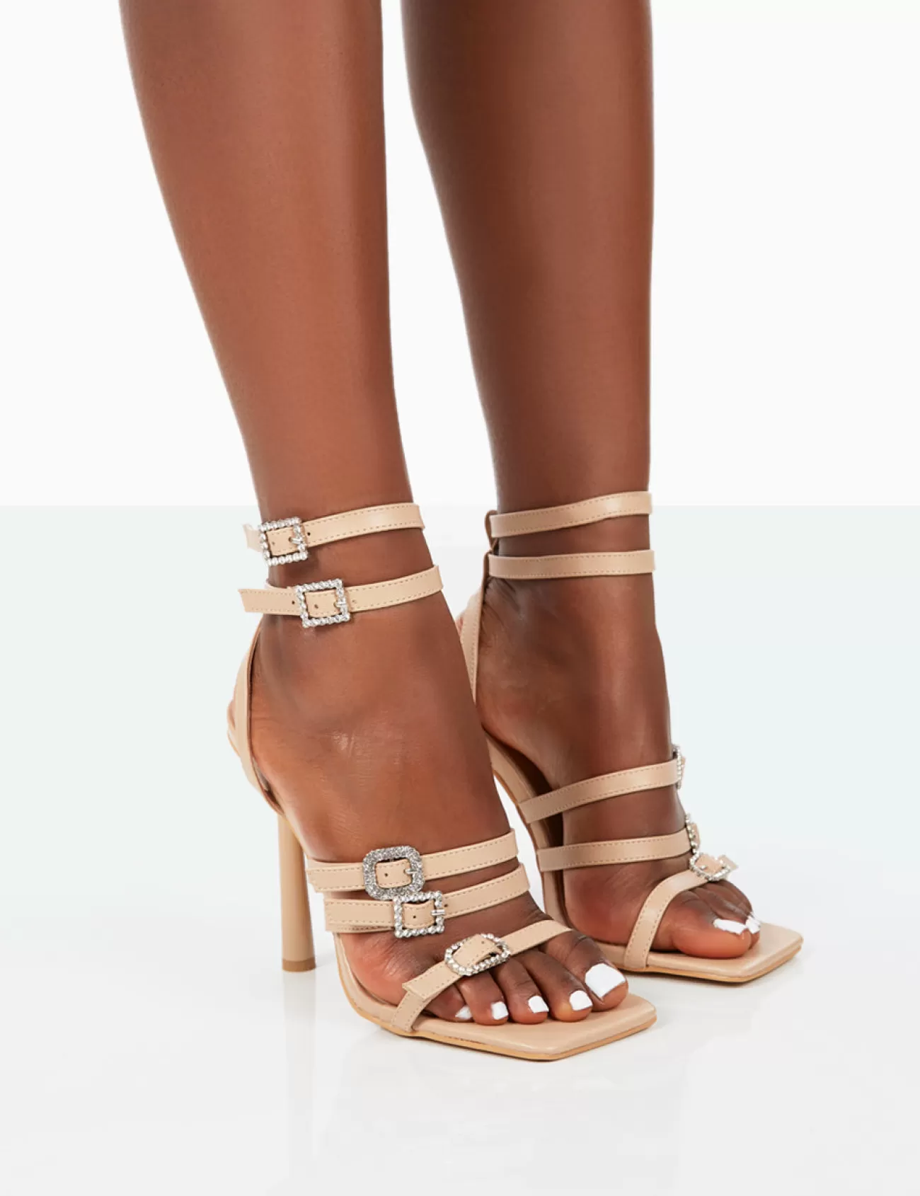 Public Desire Lindsey Pu Strappy Square Toe Stiletto Heels Nude Sale