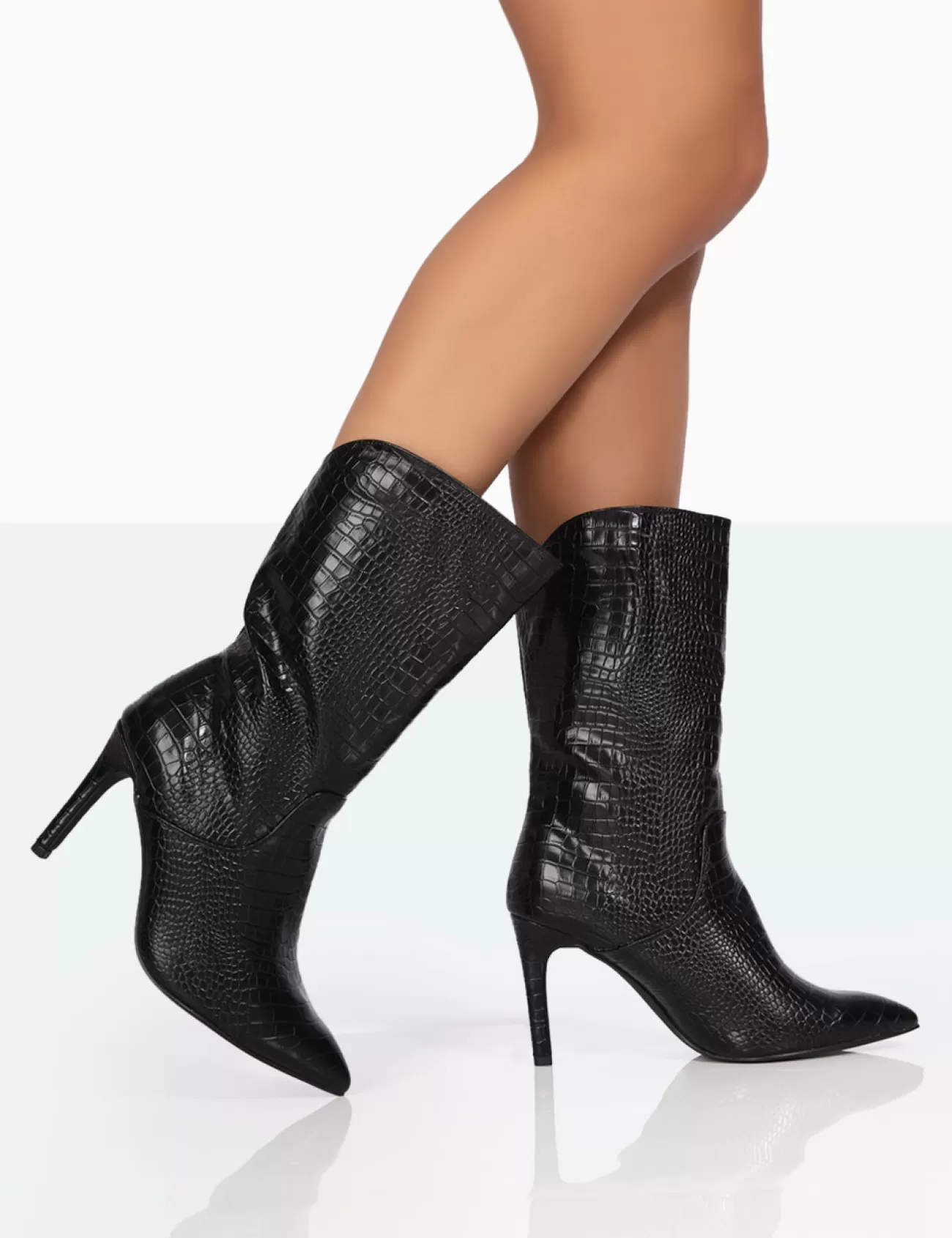 Public Desire Lisel Wide Fit Croc Pu Pointed Toe Stiletto Heeled Ankle Boots Black Clearance