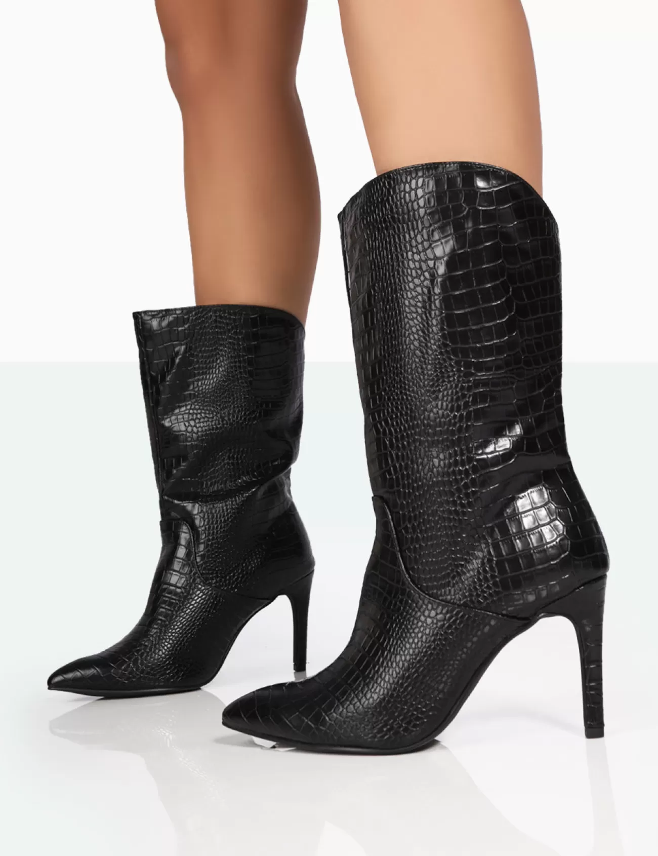 Public Desire Lisel Wide Fit Croc Pu Pointed Toe Stiletto Heeled Ankle Boots Black Clearance