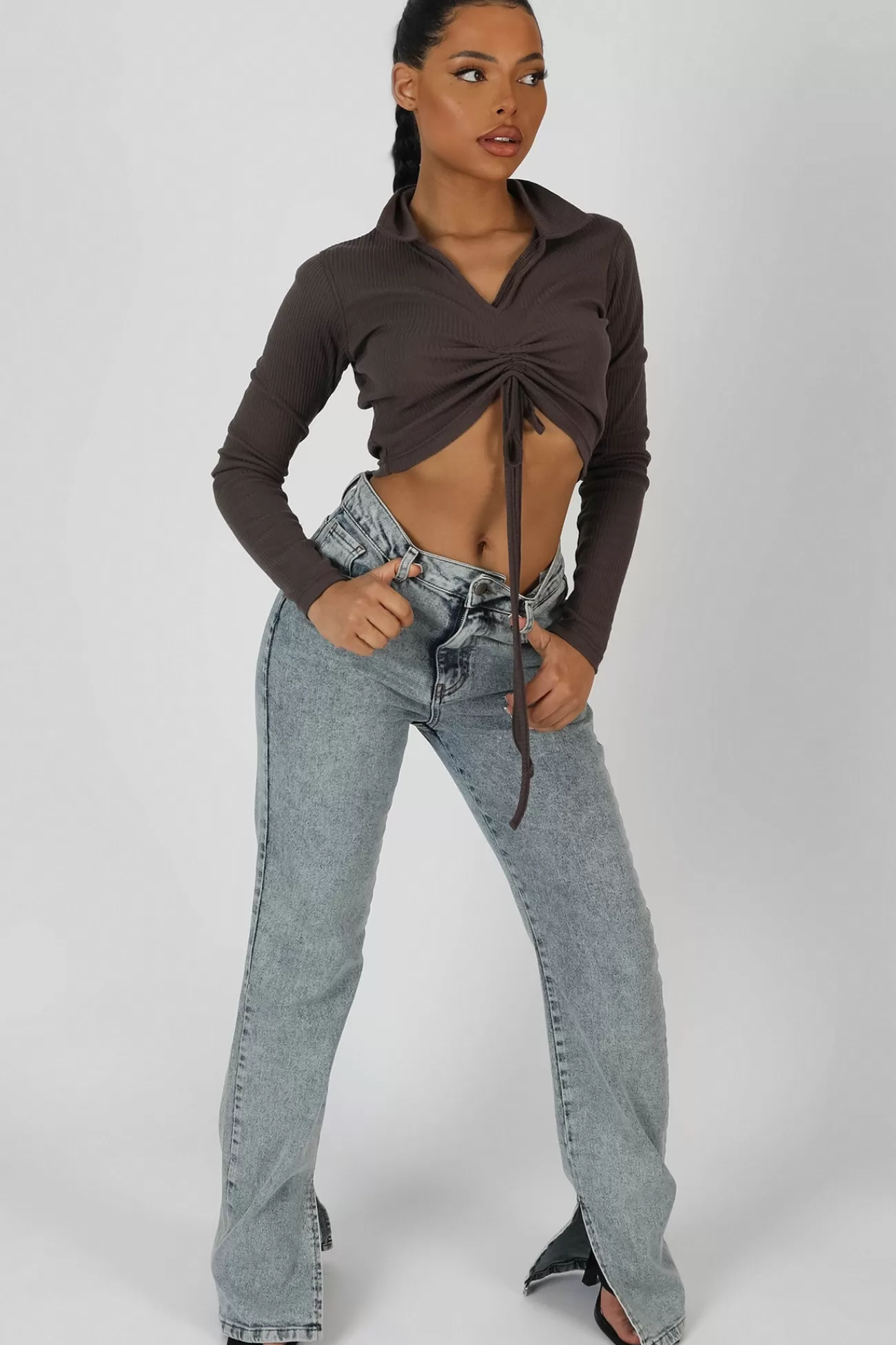 Public Desire Long Sleeve Collar Ruched Top Taupe Cheap